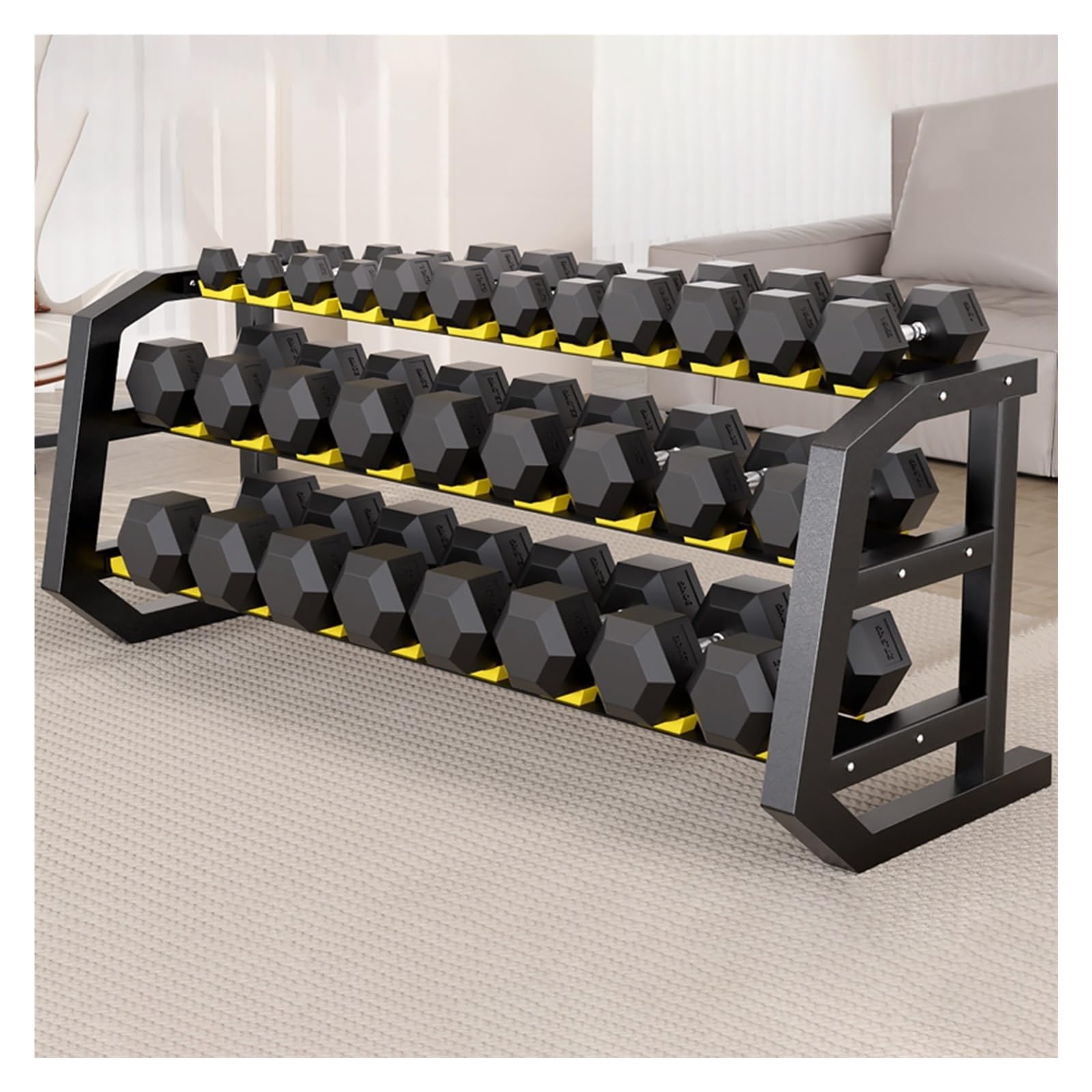 Rubber Coated Hex Dumbbell Weight Set Strength Training Equipment Set with Anti-Slip Handle and 3-Tier Storage Rack for
