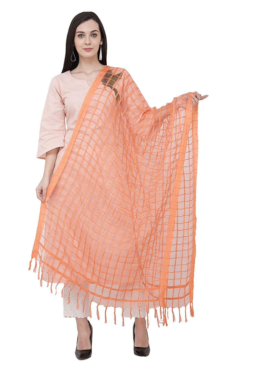 kalpit creationsWomen's art Silk Tissue Net Striped square Chanderi Cotton Checks Printed Dupatta chunni(Free Size), peach, Free Size
