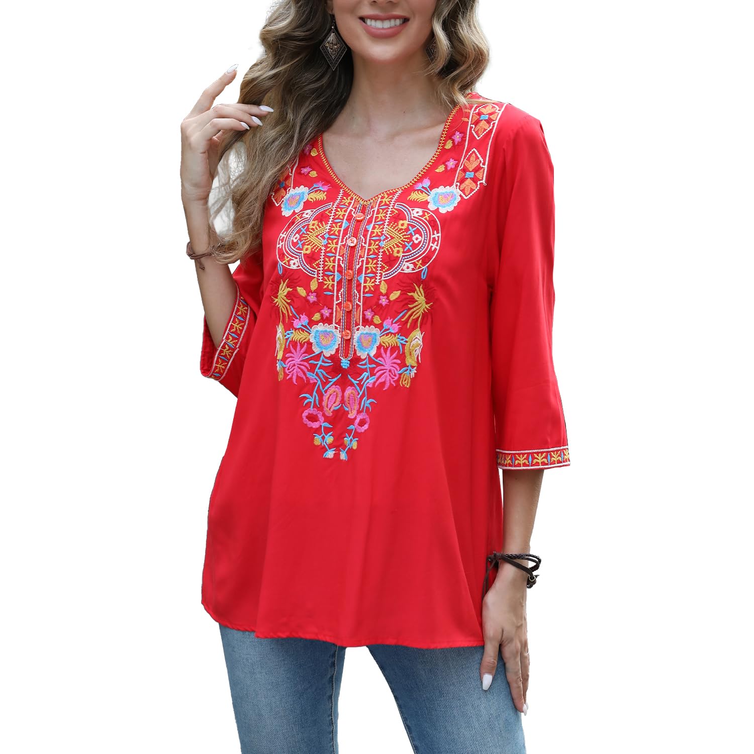 drakloak Hippie Bluse Boho Bluse Damen Folklore Bluse Mexico Besticktes Bluse Boho Shirt Damen mit Stickerei Casual Oberteile Tops