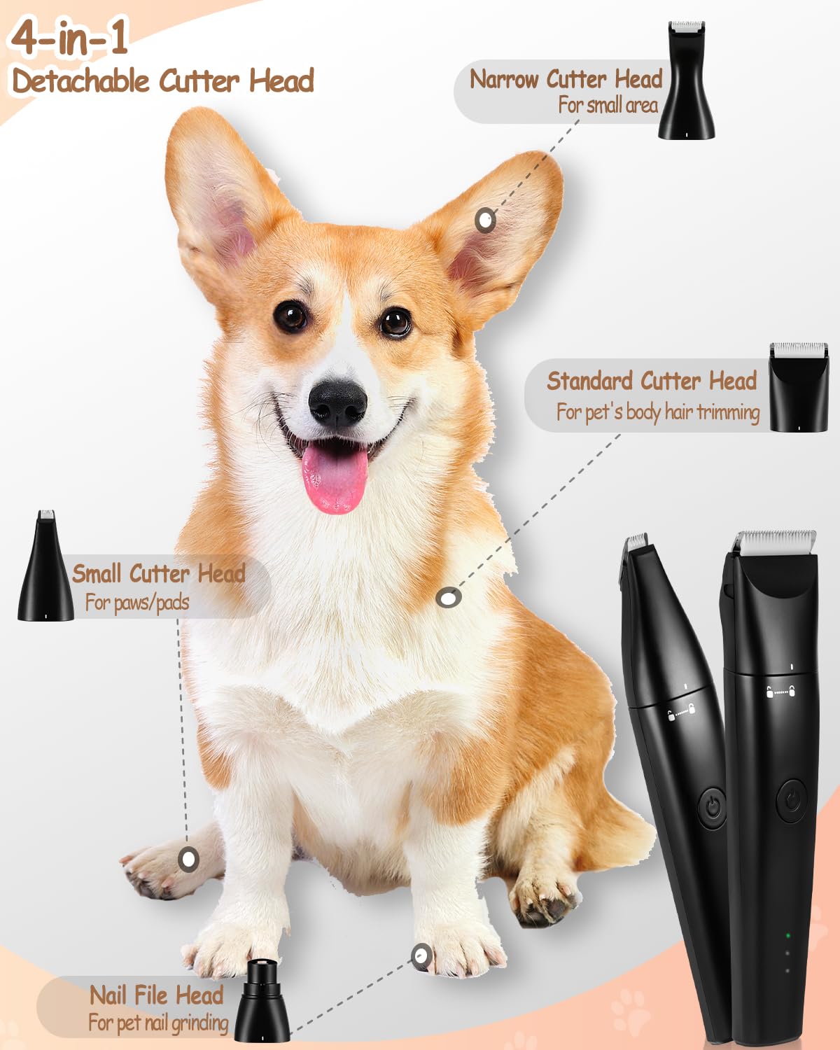 Tondeuse 4 en 1 pour chien pour toilettage de pattes, kit de toilettage pour chien rechargeable USB-C avec deux vitesses, rasoir sans fil pour poils épais pour caniche, petits animaux de