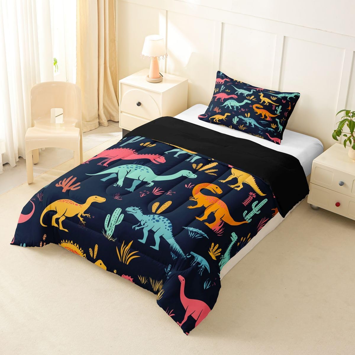 Feelyou Kids Cute Cartoon Dinosaur Comforter Set Twin Size Personalized Initial K Bedding Set for Boys Girls Kawaii Jungle Dino Funny Alphabet Pattern Duvet Quilt Room Decor