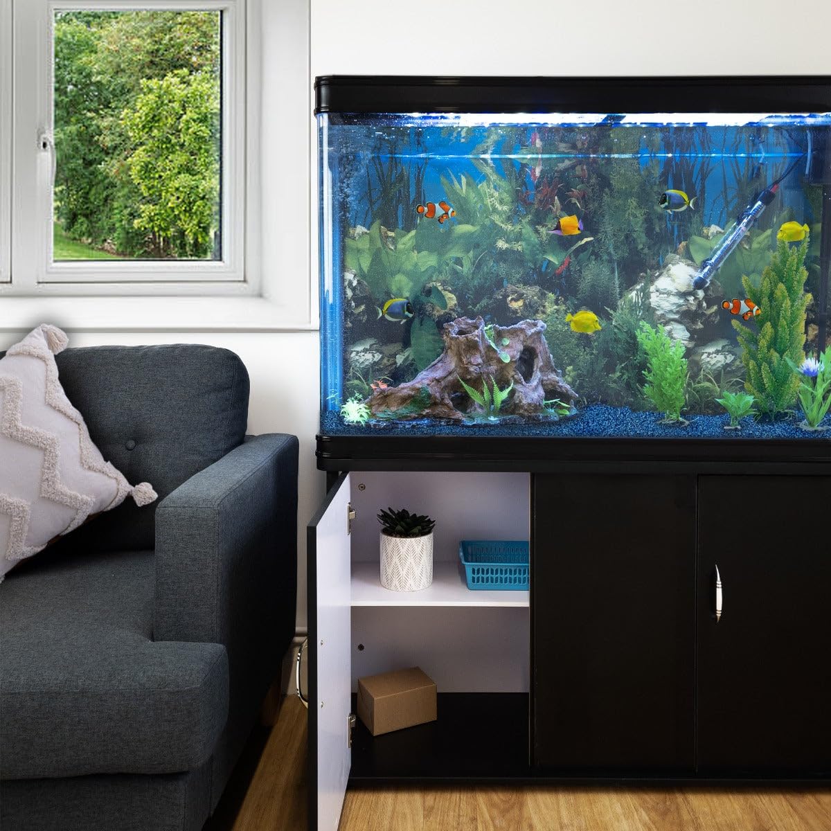 MonsterShop Aquarium Starter Komplettset Aquarium mit passendem Unterschrank Aquaristik Kies Aquarium-Hintergrund