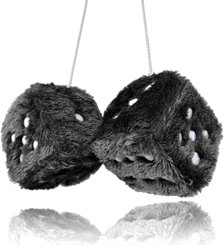 Pair 3 Black with White Dots Mirror Fuzzy Plush Dice, Black and White Soft Plush Car Decorative Hanging Ornament