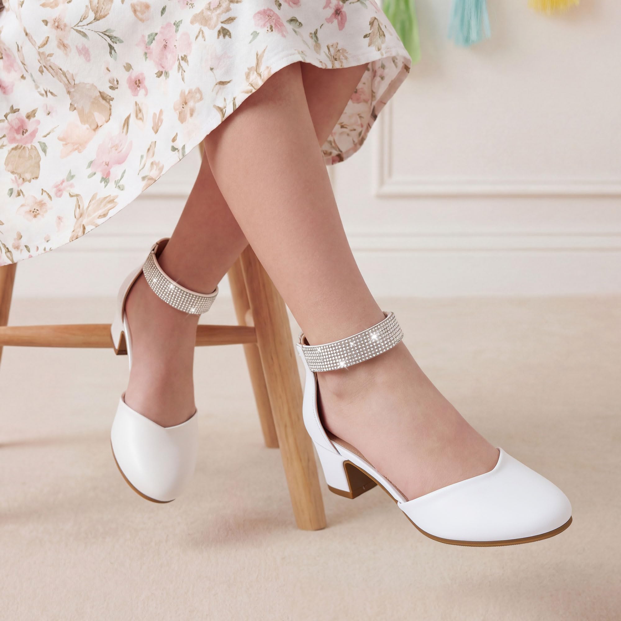 LAURMOSA Mädchen Pumps mit Strass Riemchen Stöckelschuhe Kinder Geschlossene Zehenkappe Festliche Schuhe für Hochzeit Party Geburtstag