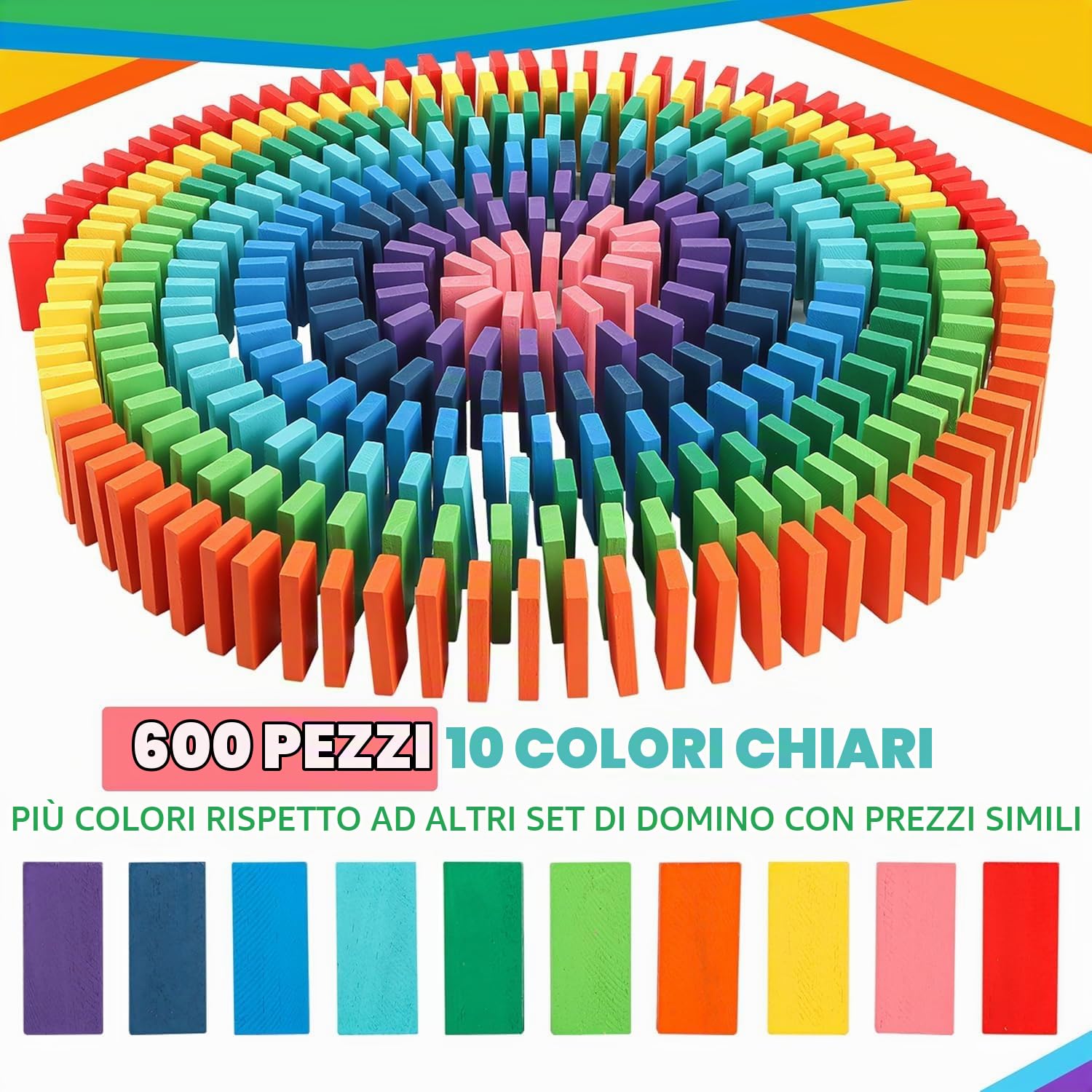 JONRRYIN 600 Pezzi Domino in Legno Set per Bambini, Blocchi da Costruzione in Legno Colorati con Borsa Portaoggetti, Montessori Domino Gioco Giocattoli Educativo Regalo