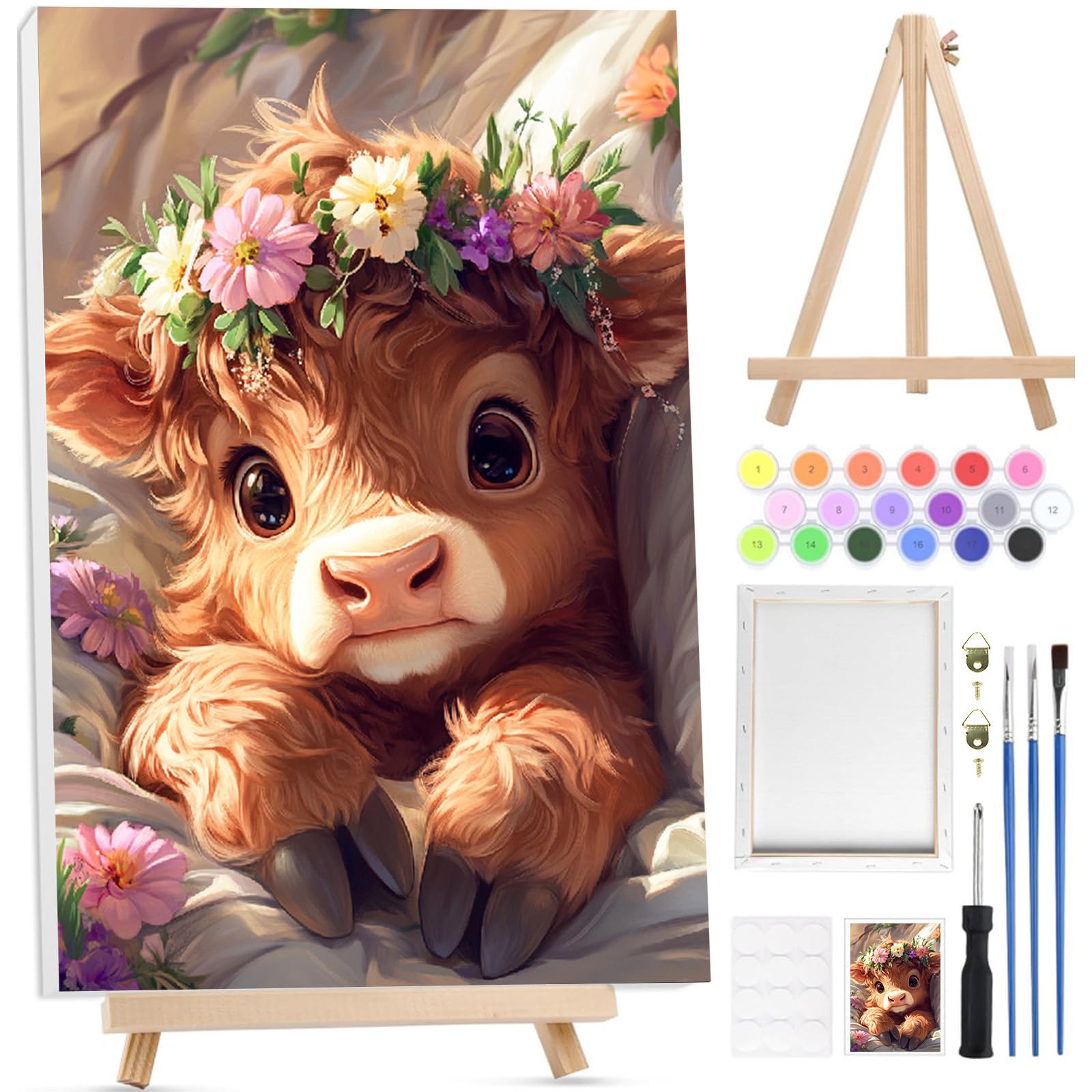 WOWDECOR Kits de peinture par numéros pour adultes et enfants, peinture à l'huile à faire soi-même – Vache colorée animal 40,6 x 50,8 cm (X7013, sans