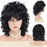 15 Inch Womens Black Curly Wig with Bangs Natural Medium Length Wig with Bangs Shoulder Hairstyles Mommy Wigs 70s 80s Costume Synthetic Hair Replacement Drag Queen Wigs Daily