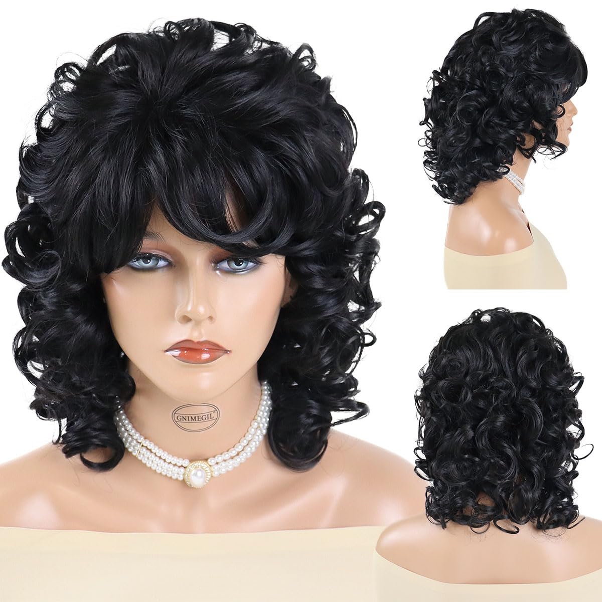 GNIMEGIL 15 Inch Womens Natural Black (Dark Brown) Curly Wig with Bangs Medium Length Wig with Bangs Shoulder Hairstyles Mommy Wigs 70s 80s Costume Synthetic Hair Replacement Drag Queen Wigs Daily