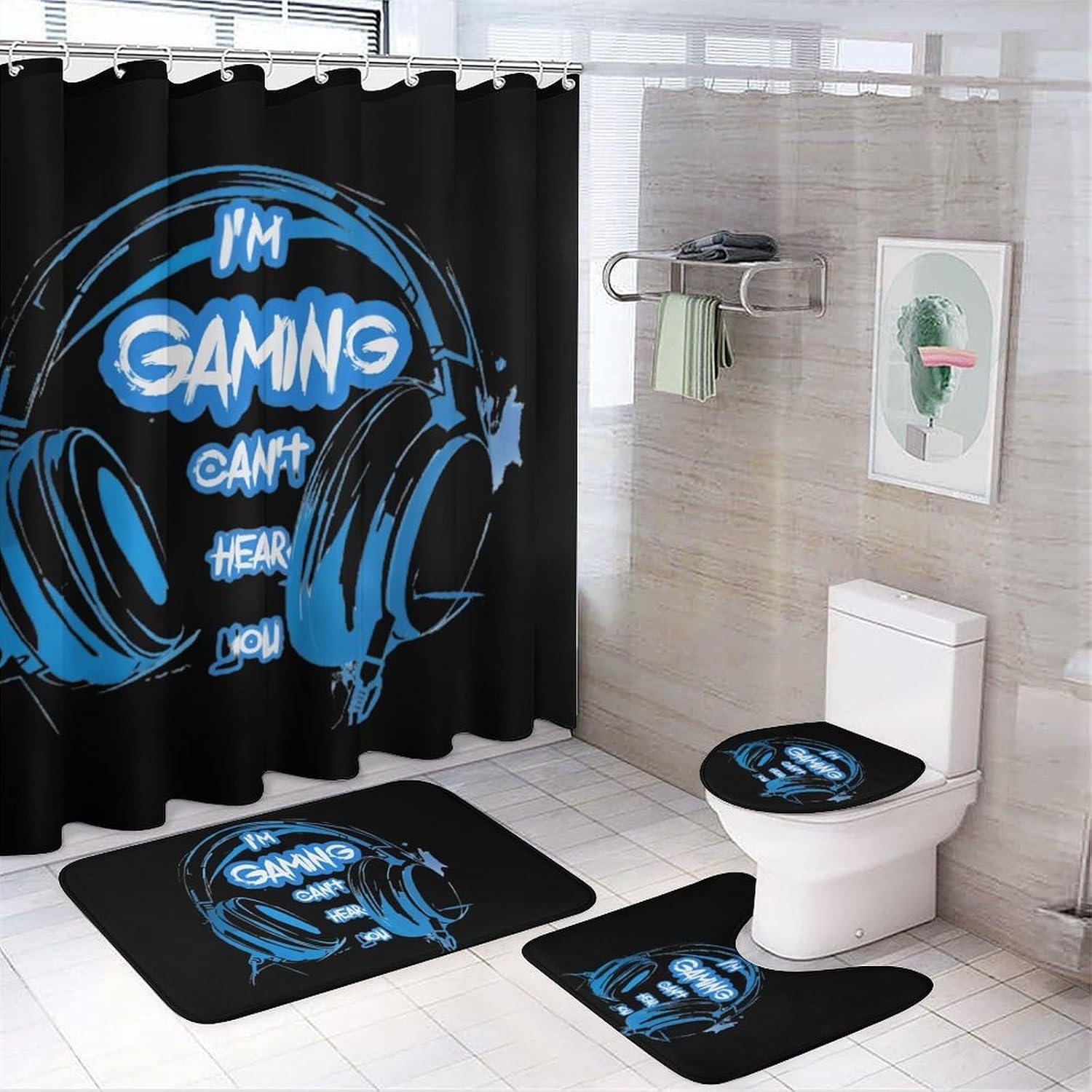 I'm Gaming Can't Hear You Bathroom Set with Shower Curtain Rugs Toilet Lid Cover and Floor Mats 4 Piece