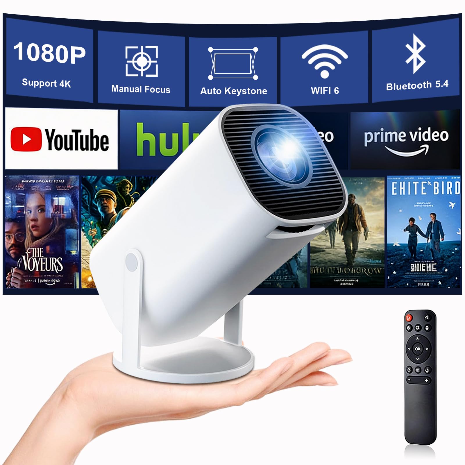 [Apps intégrées] Mini videoprojecteur 4K Full HD 1080p, videoprojecteur Portable avec WiFi 6 et Bluetooth 5.4,Retroprojecteur avec Auto Keystone Rotation 180°, Compatibile avec HDMI/TV Stick/Laptop