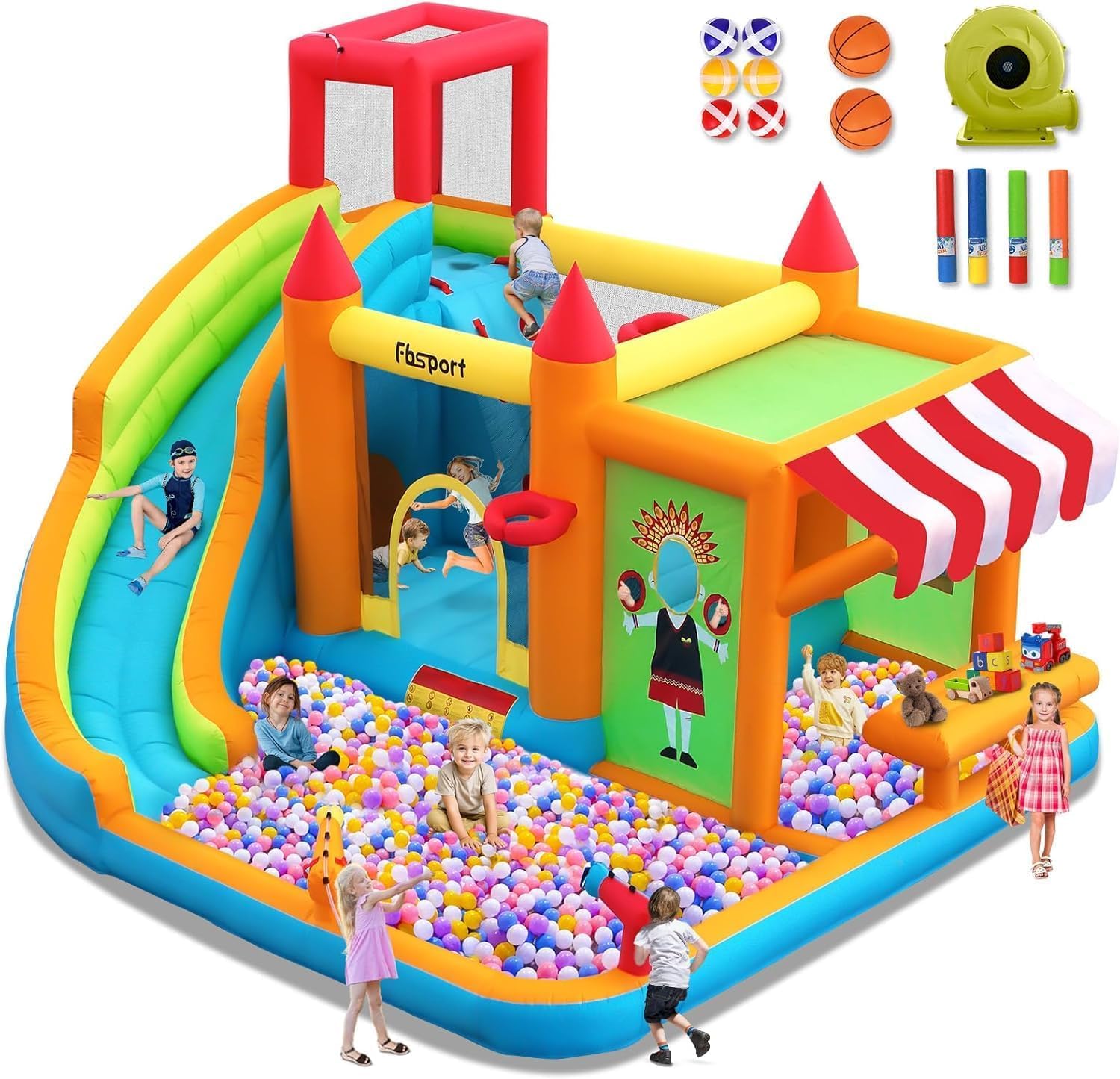 FBSPORT Castillo Hinchable acuatico para niños con Ventilador Grandes tobogán seco y de Agua, Adecuado para niños, Castillo Children's Bouncy para Uso Interior o Exterior 424 ×388 ×238 CM Rojo