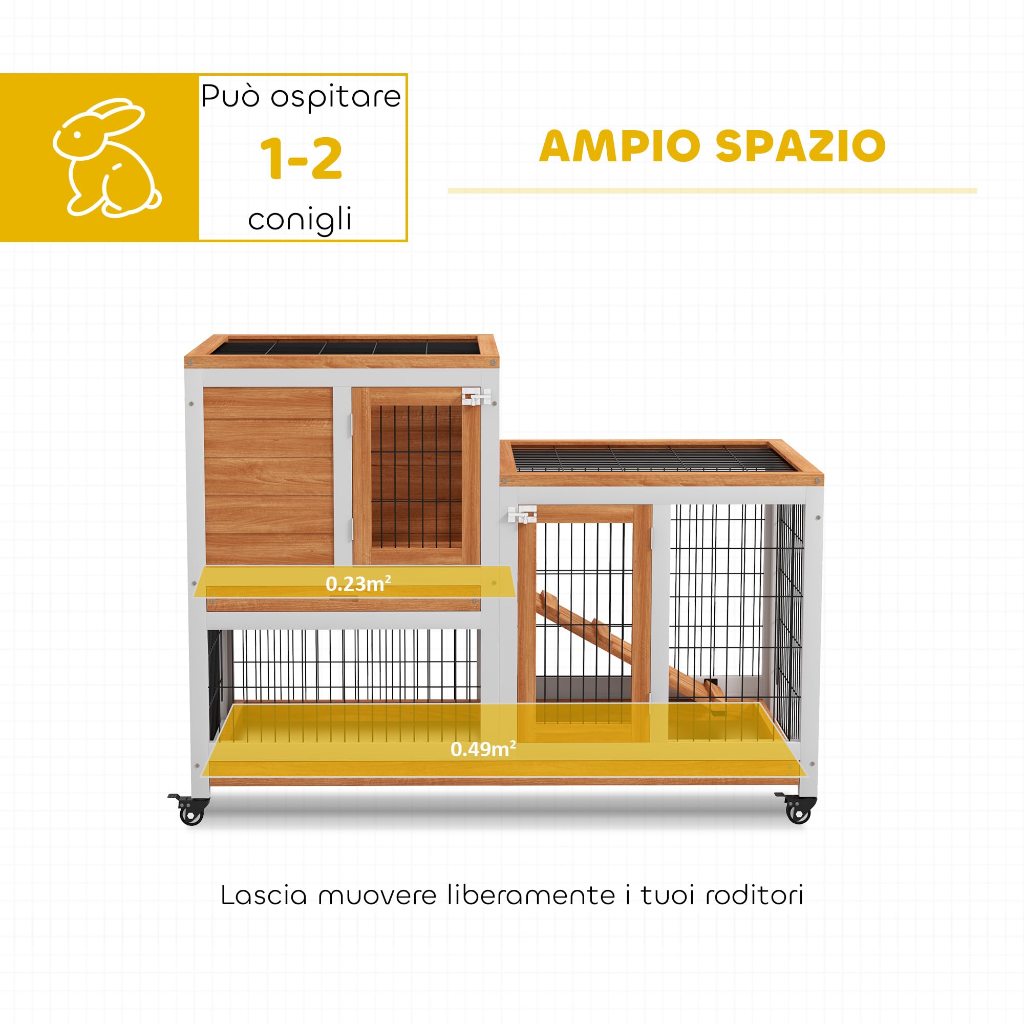 PawHut Conigliera da Interno in Legno di Abete con Ruote, Vassoi Estraibili e Casetta per Conigli con Rampa, 110x50x88 cm, Giallo e Bianco