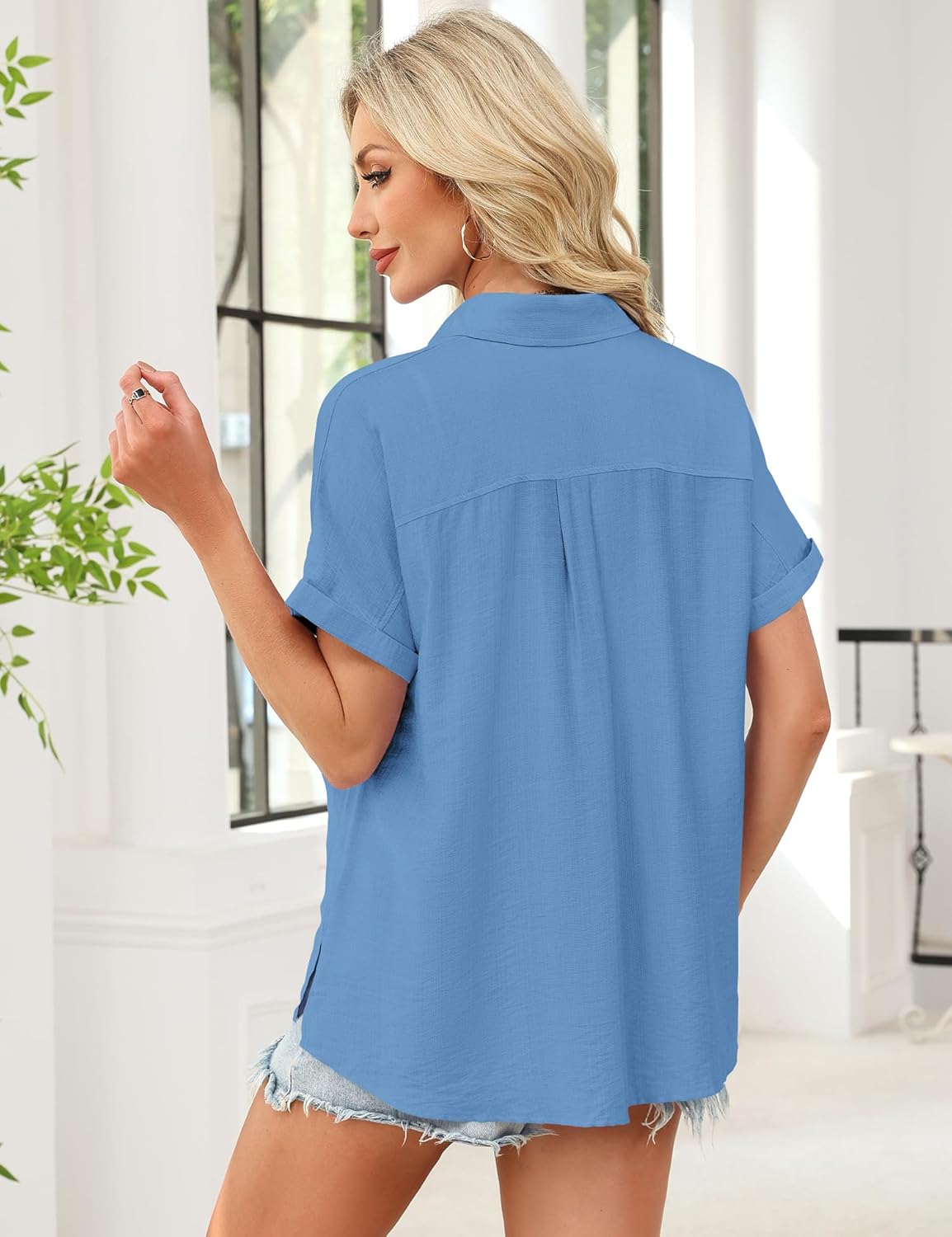 Button Down Shirt for Women Short Sleeve Blouses Dressy Casual Business Work Summer Vacation Tops Hawaii Shirts with Pockets - Image 5