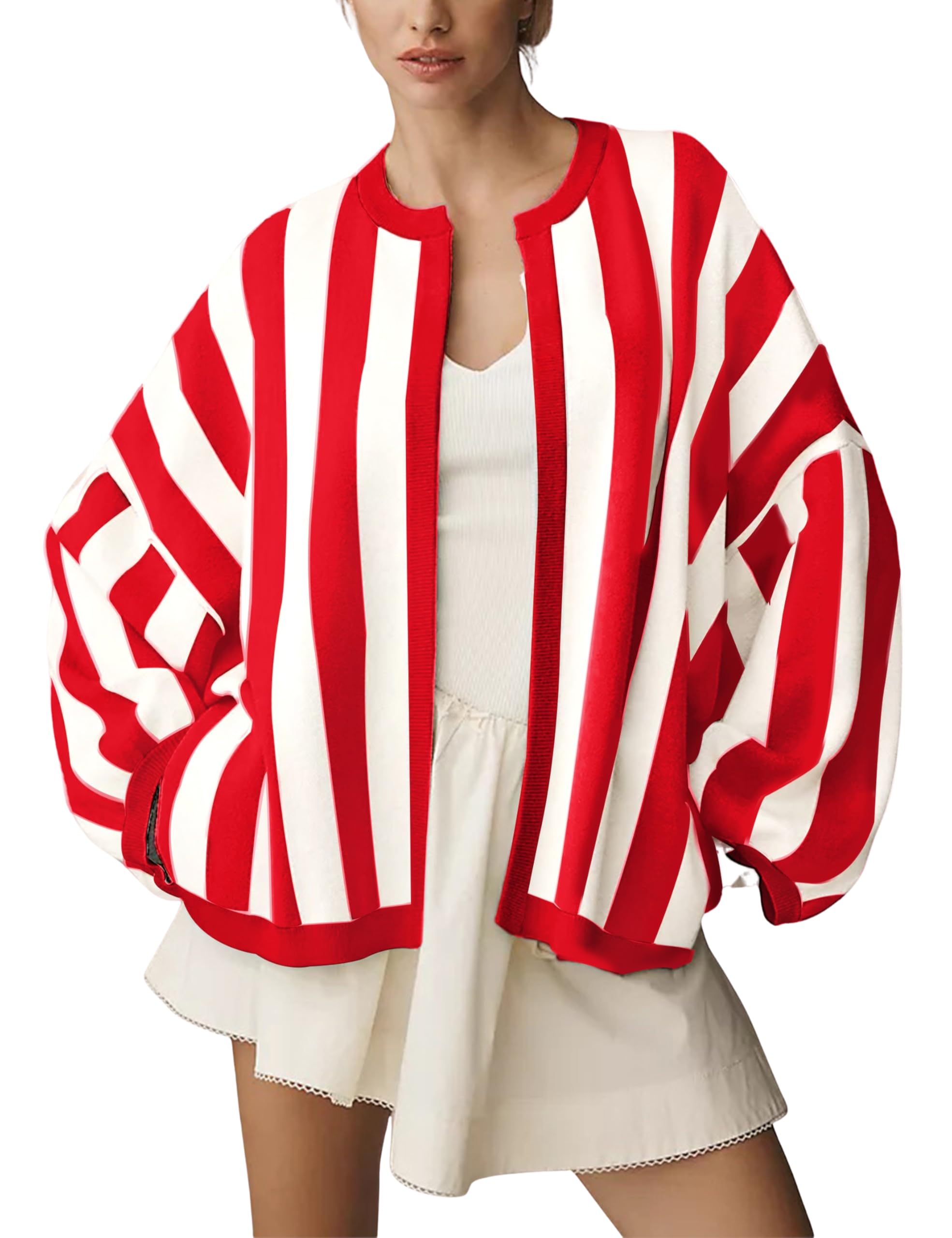 Women's Casual Loose Fit Striped Cardigan Long Balloon Sleeves Open Front Knit Sweater-image-44