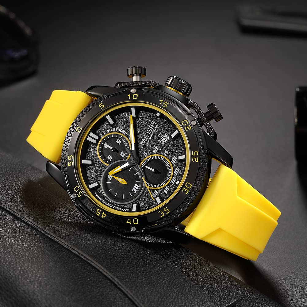 MEGIR Orologio sportivo da uomo, analogico, al quarzo, luminoso, con elegante cinturino in silicone, idea regalo, Giallo, Design elegante