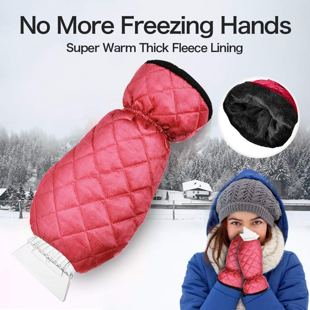cyrico Ice Scraper Mitt for Car Windshield, Waterproof Snow Ice Scraper Glove with Thick Fleece Lining and Durable Handle for Extra Warmth and Protection,Red(1 Pack)