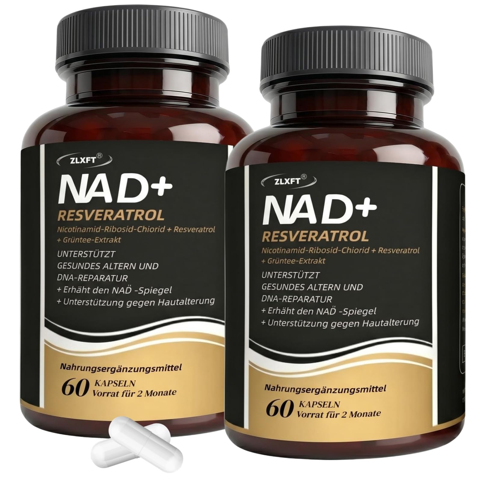 NAD+ Supplement,2pcs NAD+ Supplements mit Resveratrol, Nicotinamid-Ribosid Kapseln,Hochreines NR Supplements,Plus Resveratrol Kapseln,Hochdosiertes Supplement mit Resveratrol,120 Kapseln