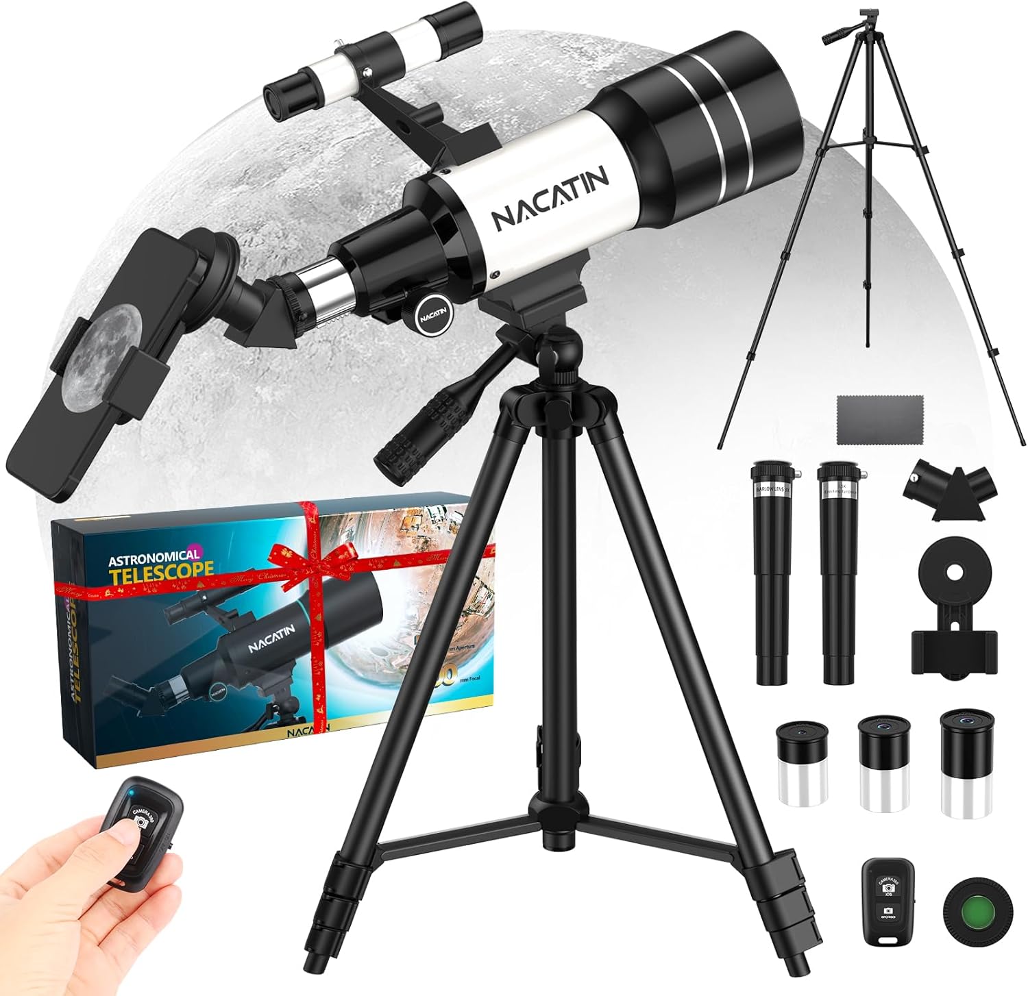 NACATIN Telescope for Kids & Adults, 70mm Aperture 300mm Portable Refractor Telescope with 3 Eyepieces & Phone Adapter, Wireless Remote & Moon Filter, Ideal Gift for Birthday, Valentine's Day