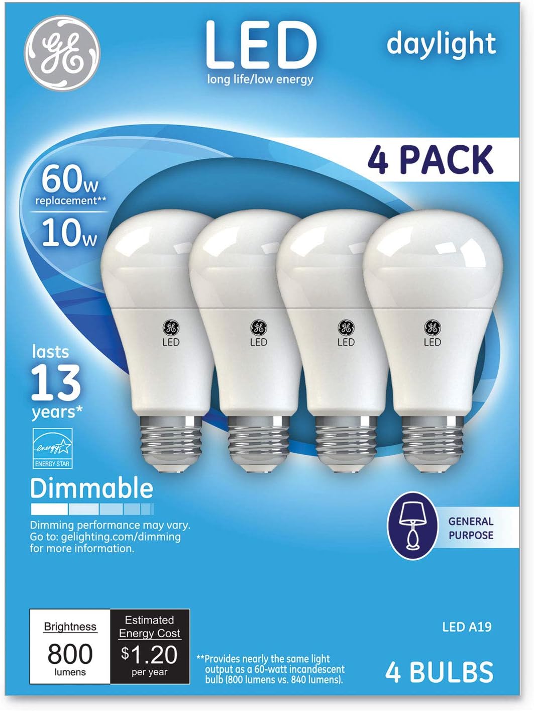 GE Lighting LED Standard Light Bulbs, 10 Watts (60 Watt Equivalent) Daylight, Medium Base, Dimmable (4 Pack)