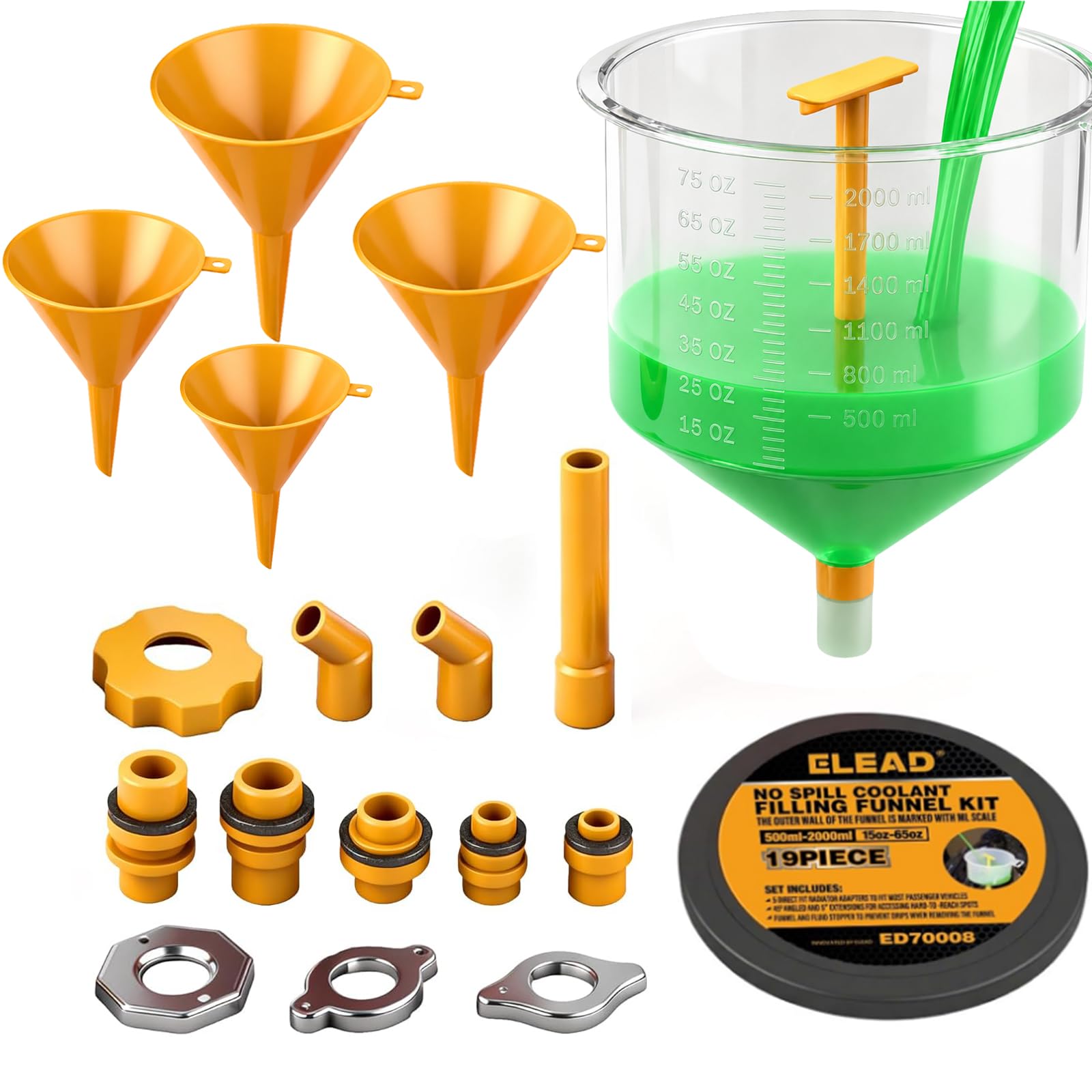 ELEAD No-Spill Coolant Funnel Kit - 19-Piece Radiator Funnel burping kit, coolant Bleeder kit, Extra Funnels and Adapters for Universal Vehicle