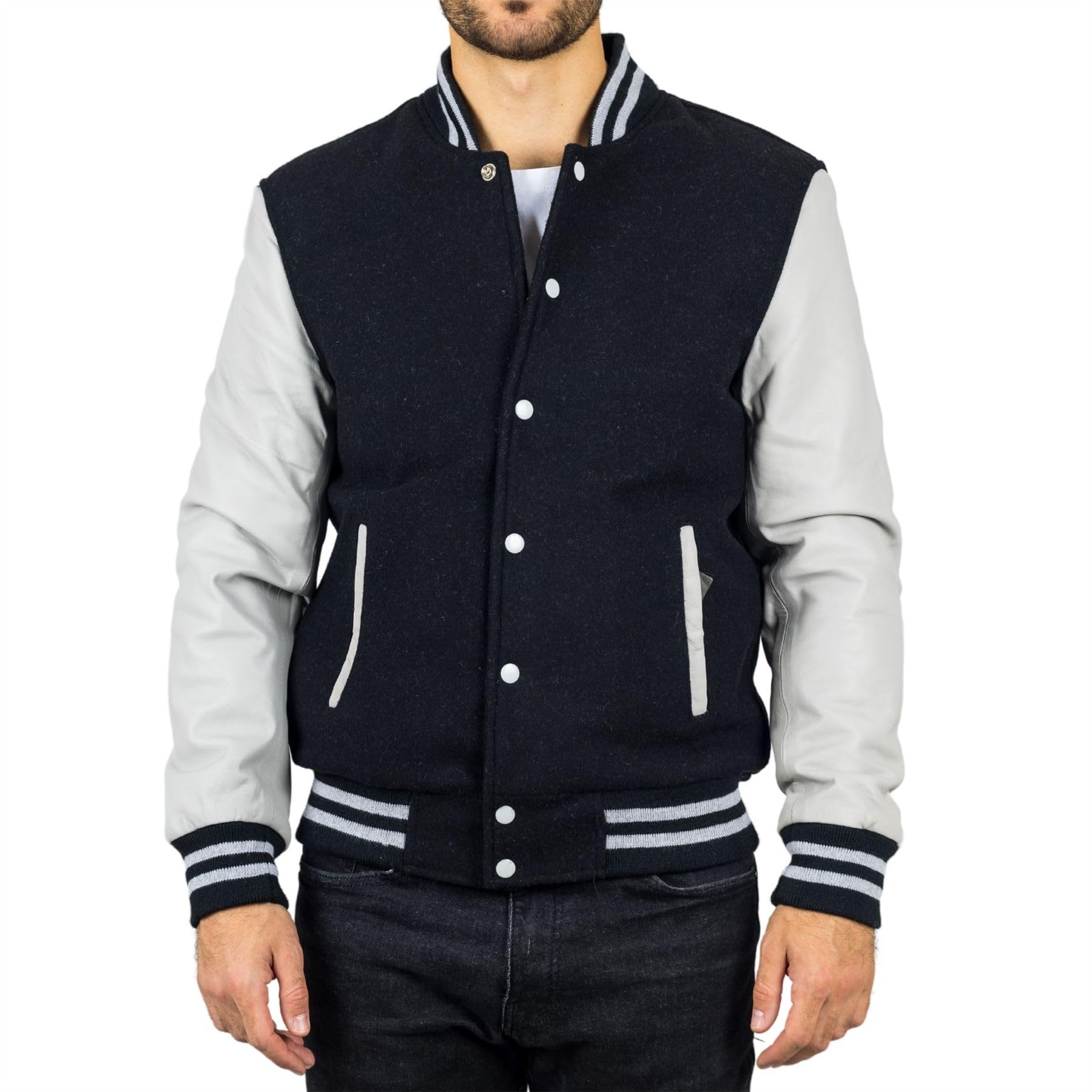 TruClothing Men's Black White Varsity Bomber Jacket Wool Body Real Leather Sleeves College Baseball Coat - Black White XL