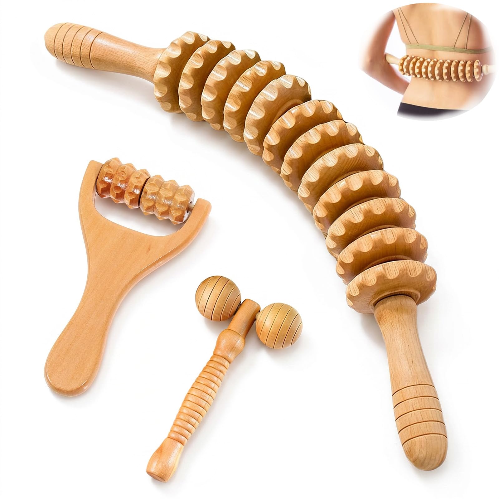 Lot de 3 Rouleaux de Massage en Bois pour Drainage Lymphatique et Anti Cellulite - Outil de Massage Fascia pour le Dos, le Cou, les Jambes - Détente Musculaire et Réduction de la Cellulite