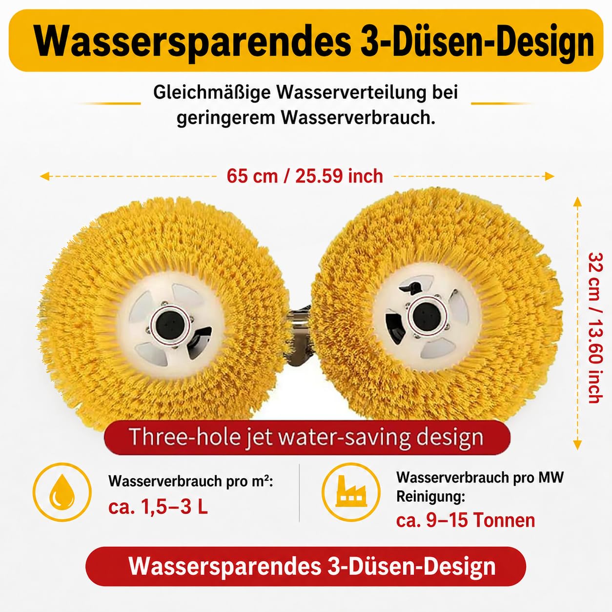 Kit de brosse de nettoyage pour panneau solaire extérieur avec tige télescopique de 7,5 m, tuyau d'eau de 29 m, cordon d'alimentation de 17 m, tête de brosse double rotative de 65 cm