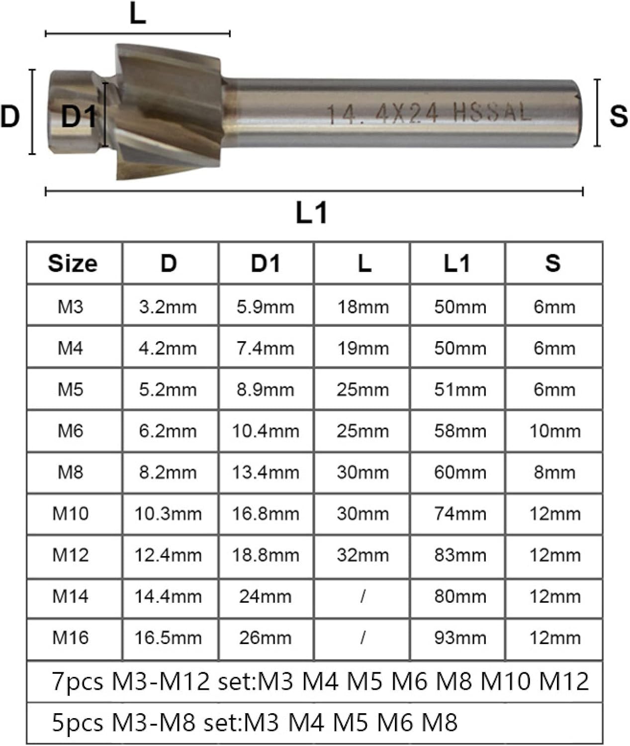 Drill Bit HAMPTON 4 Flute Counterbore End Mill M3-M16 Pilot Slotting Tool Milling Cutter Countersink End Mills Pilot Hole HSS Cutter,M14.4x24x12x90