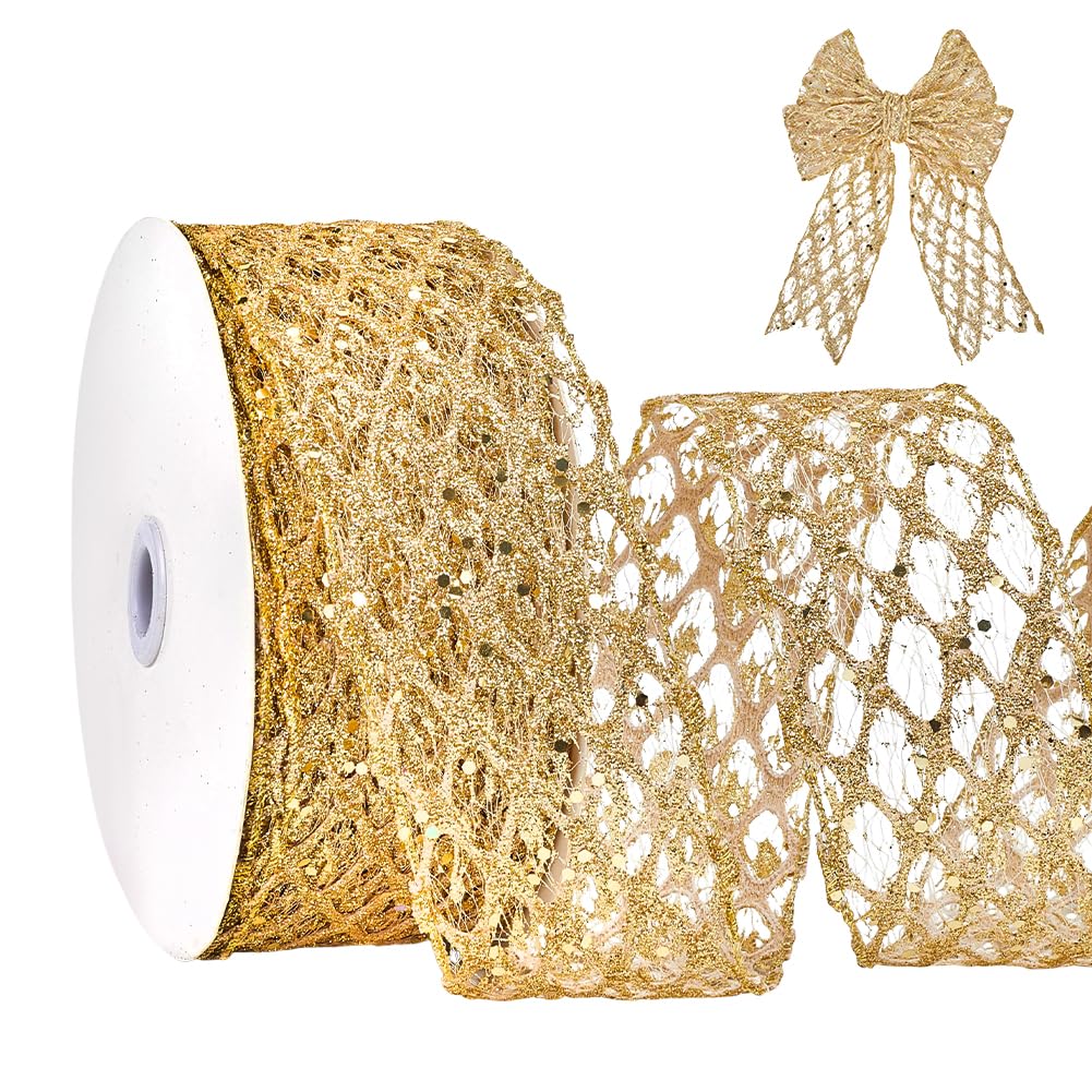 MAYJOYDIY 18.3m Glitzer Diamant Gitter Drahtband Netz Strass Punkte Drahtband 6~6.5cm Breit für Geschenkverpackung Schleifen Basteln Kranz Zubehör, Gold Dekorationsband
