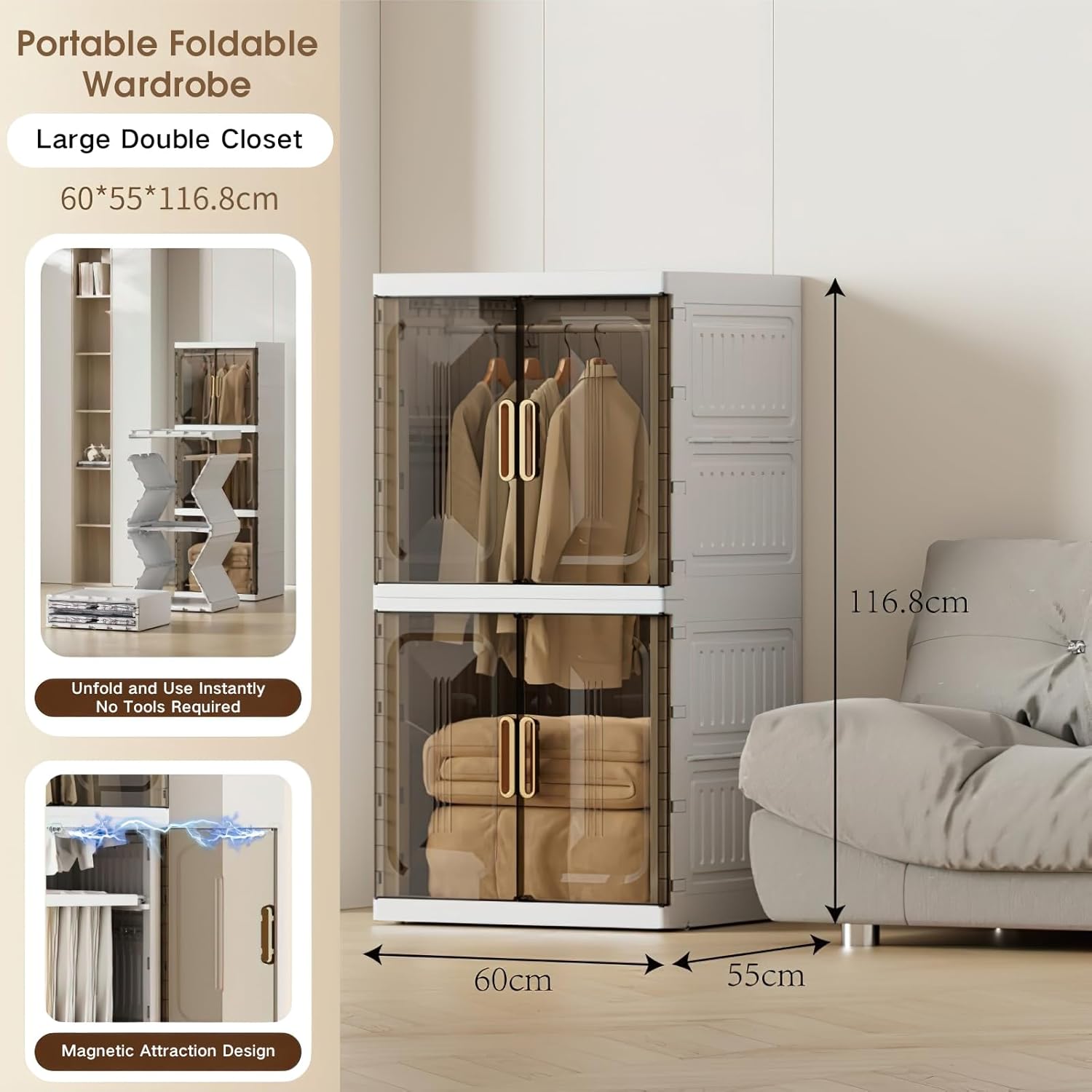 SunSettler Collapsible Wardrobe Closet, Large Collapsible Plastic Wardrobe with Wheels, Foldable Clothes Storage Cabinet (2 Layer)