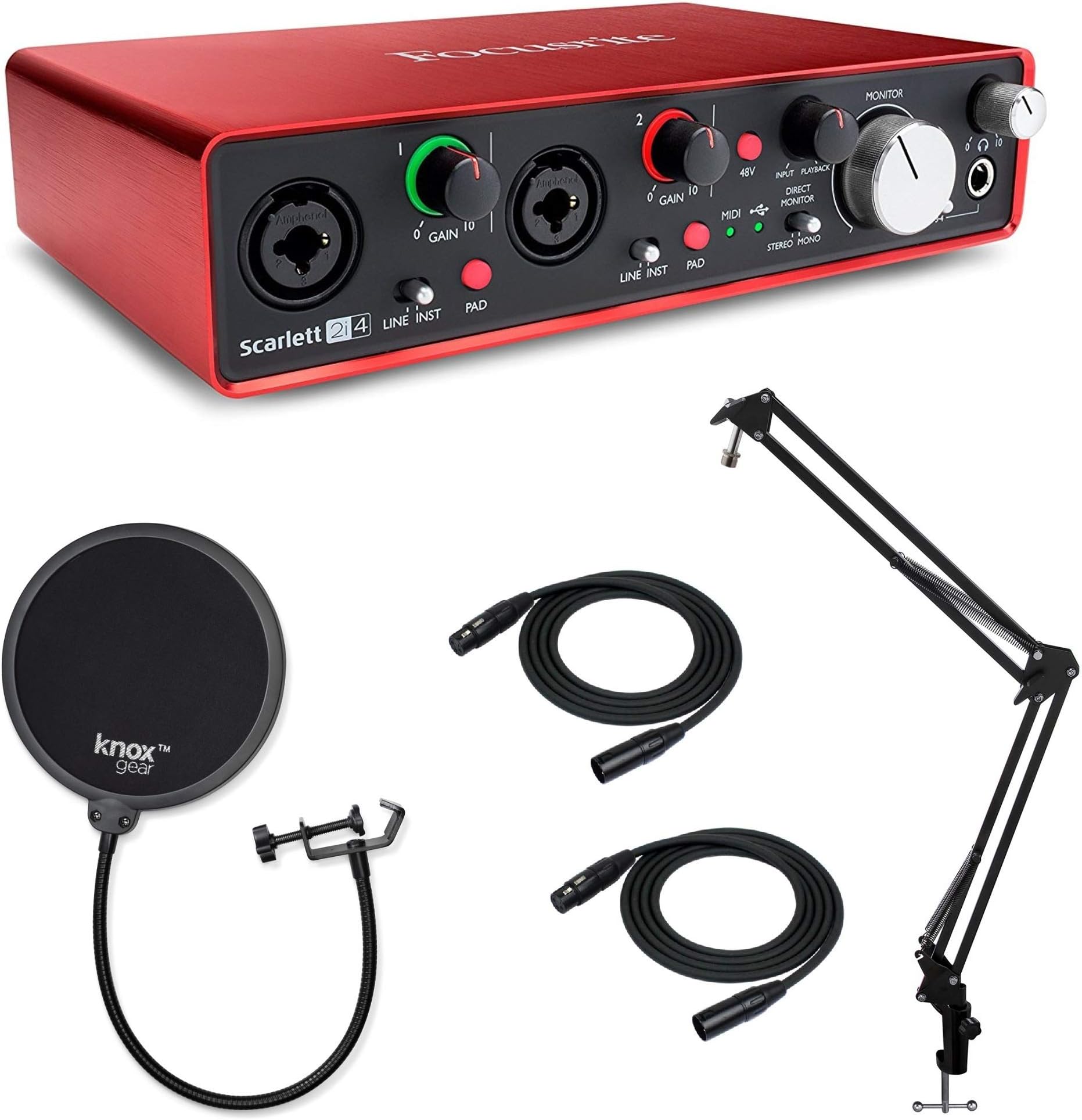 Focusrite Scarlett 2i4 USB Audio Interface with Pro Tools, 2 XLR Cables, Knox Studio Stand and Pop Filter