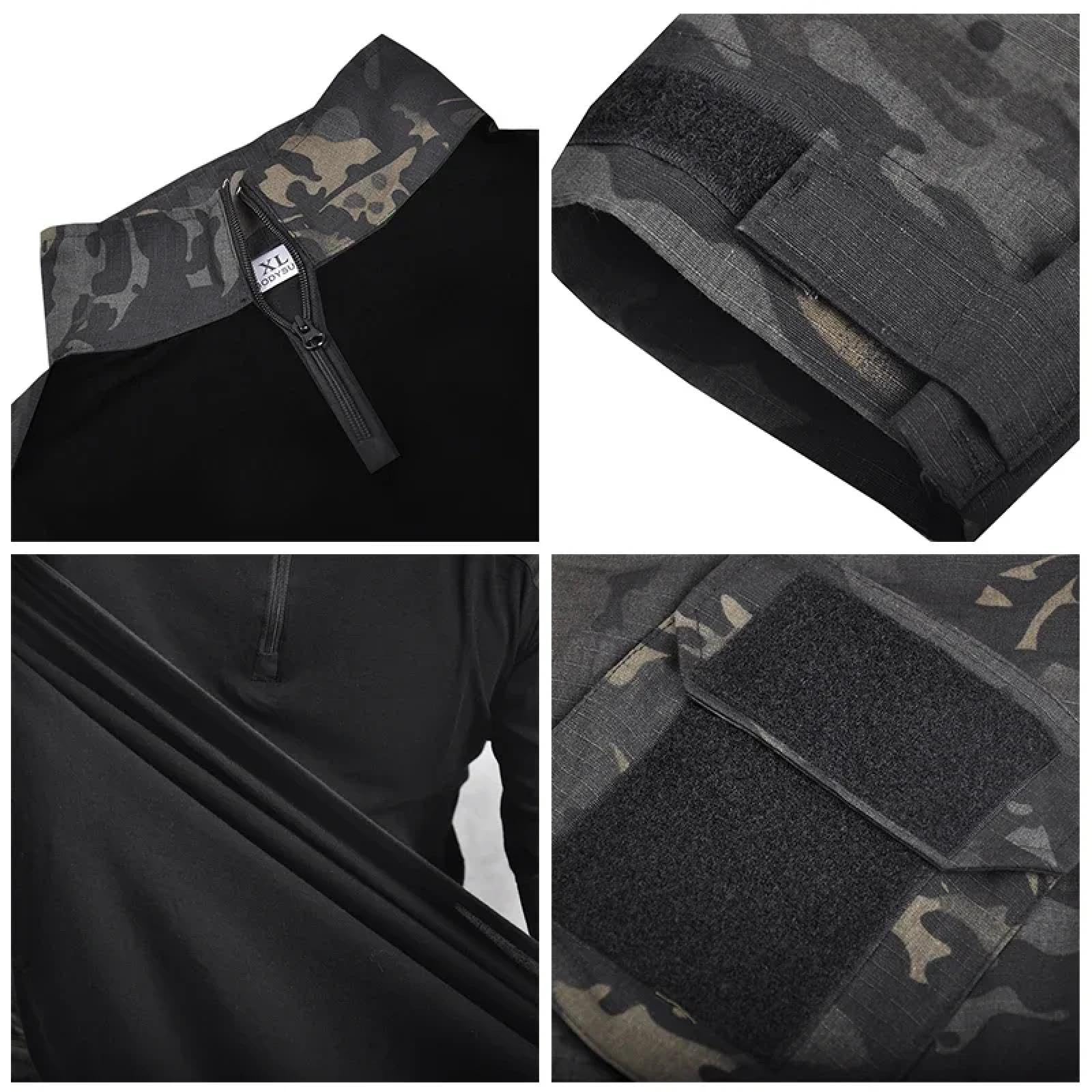 SiVaji Camicia Uomo Casual Formale Shirt Lunghe Manichecamicie Uomo Cargo Multicam Manica Lunga Cotone Abbigliamento L60-70Kg Nero