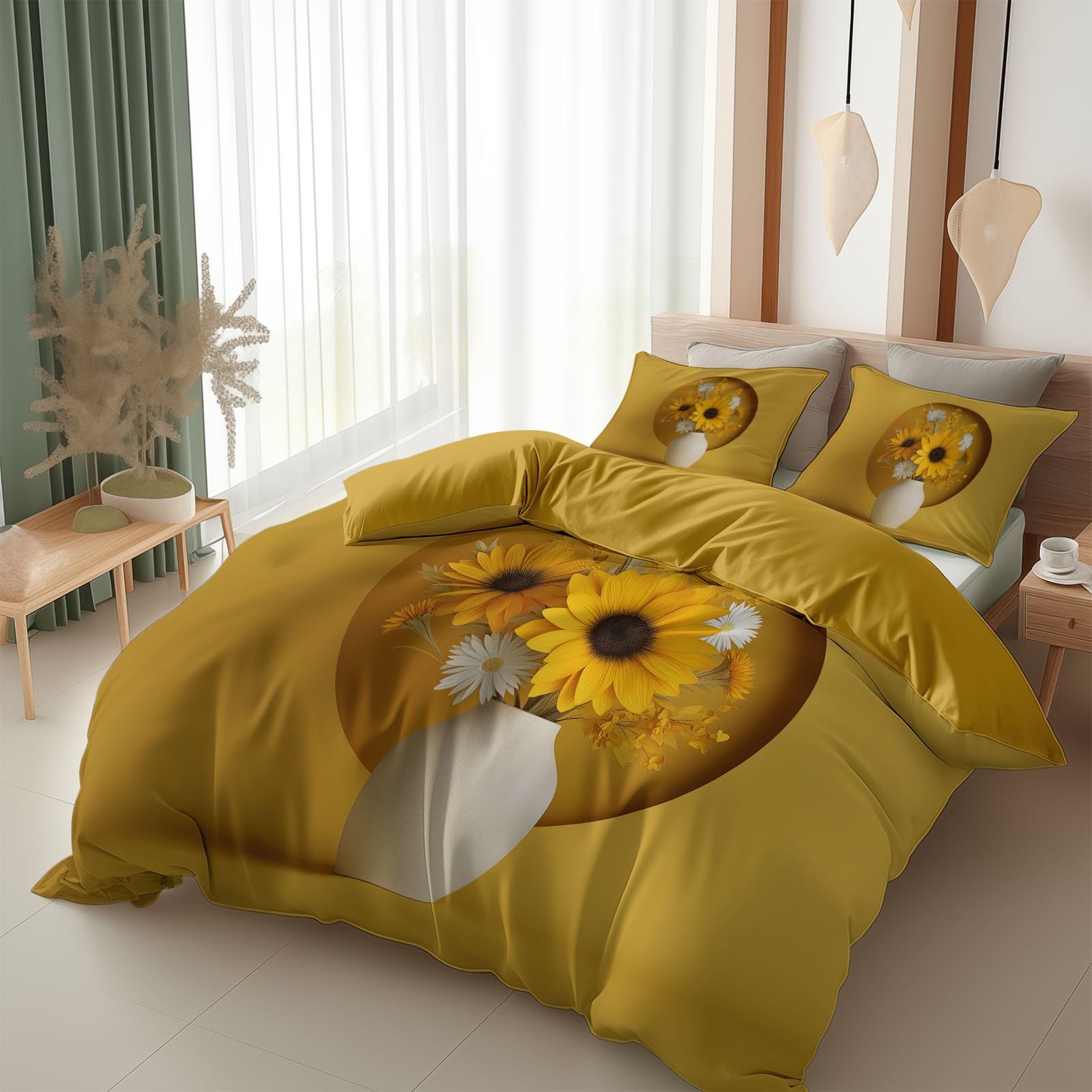 Pościel 3D, 200 x 200 cm, poszewka na kołdrę 3D, kwiaty, słonecznik, stokrotka, gładka, zestaw pościeli deluxe, przytulna pościel dziecięca z zamkiem błyskawicznym + 2 poszewki na poduszkę 80 x 80 cm