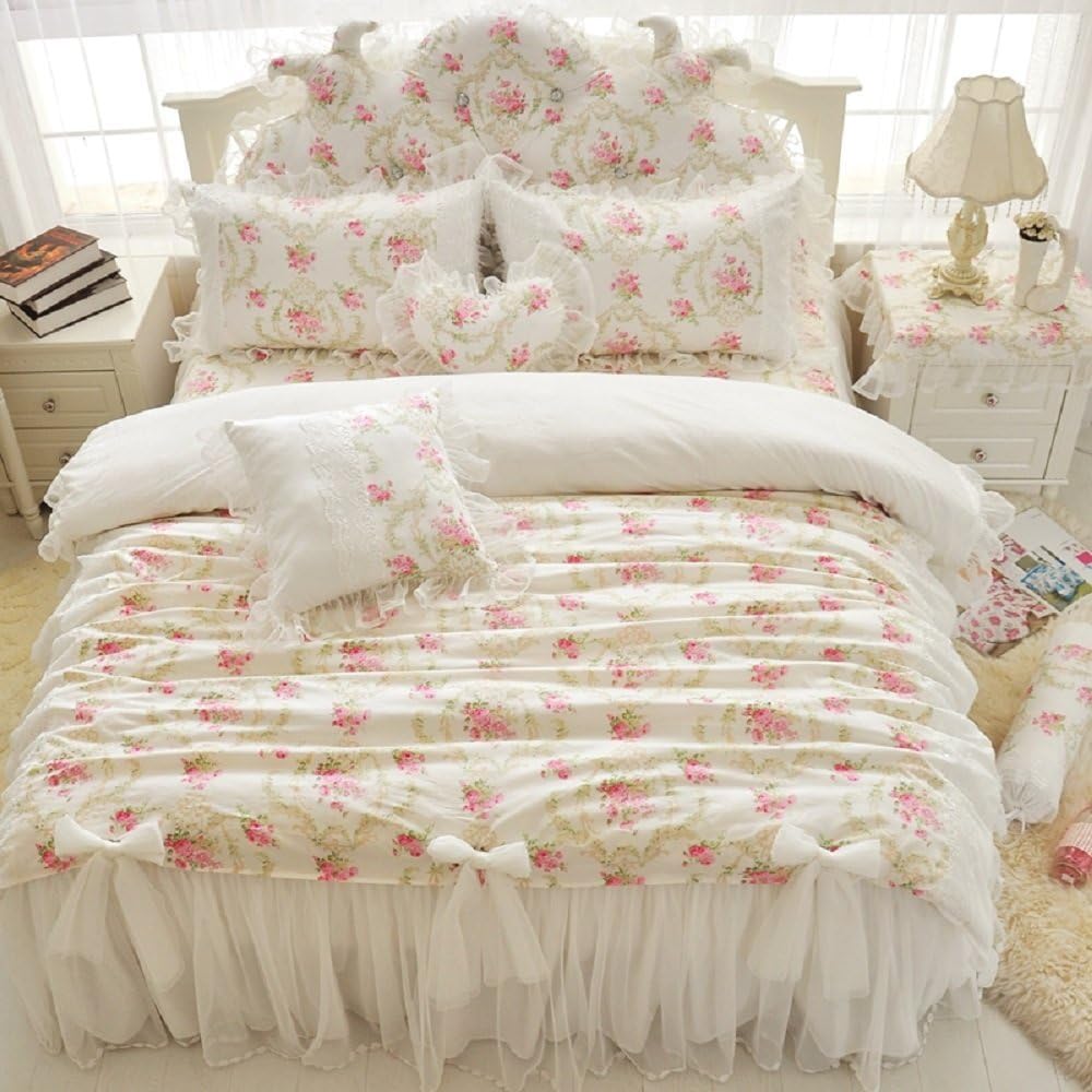 MZPRIDE 4Pcs/7Pcs Vintage Floral Duvet Cover Set Ruffle and Lace Bedding Set