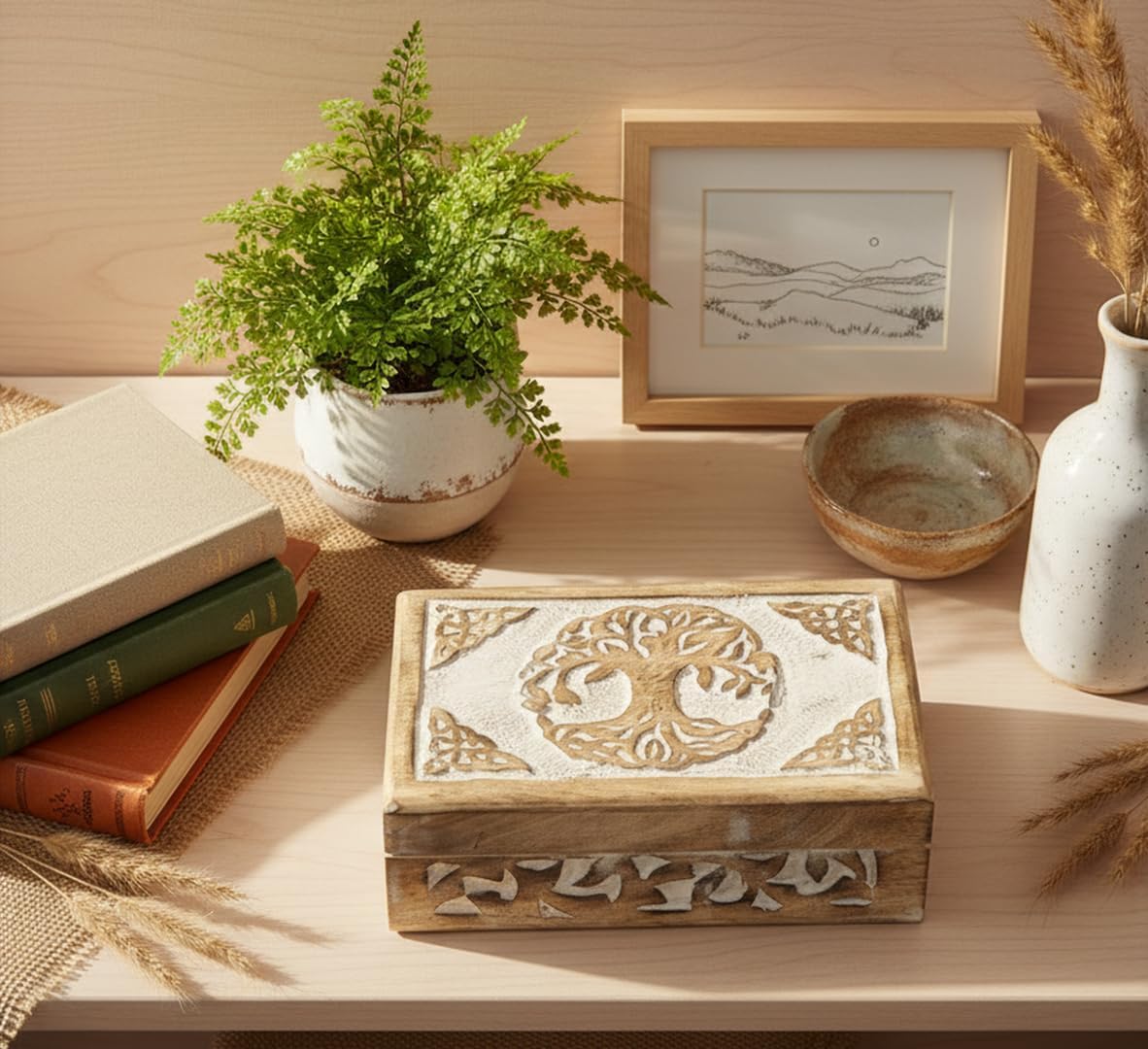 Great Birthday Gifts Handmade Decorative Wooden Jewelry Box Tree Of Life Carving Jewelry Organizer Keepsake Box Treasure Chest Trinket Holder Watch Box Storage Lock Box Housewarming Gift