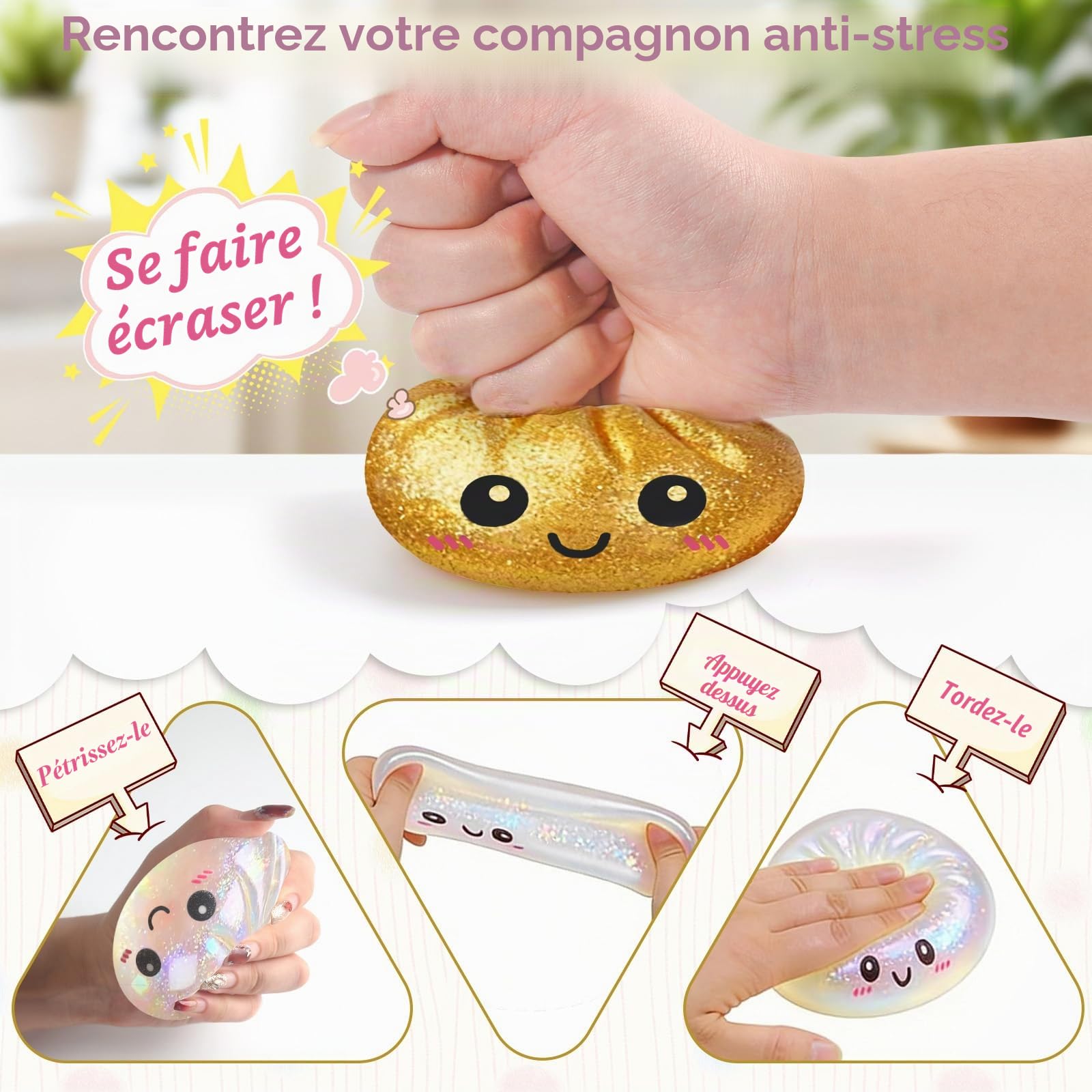 Géant Squishy Ravioli Paillettes - Bao Anti-Stress Avec Cuiseur Vapeur - Jouet Boulle à Rebond Lent - Rose + Transparent