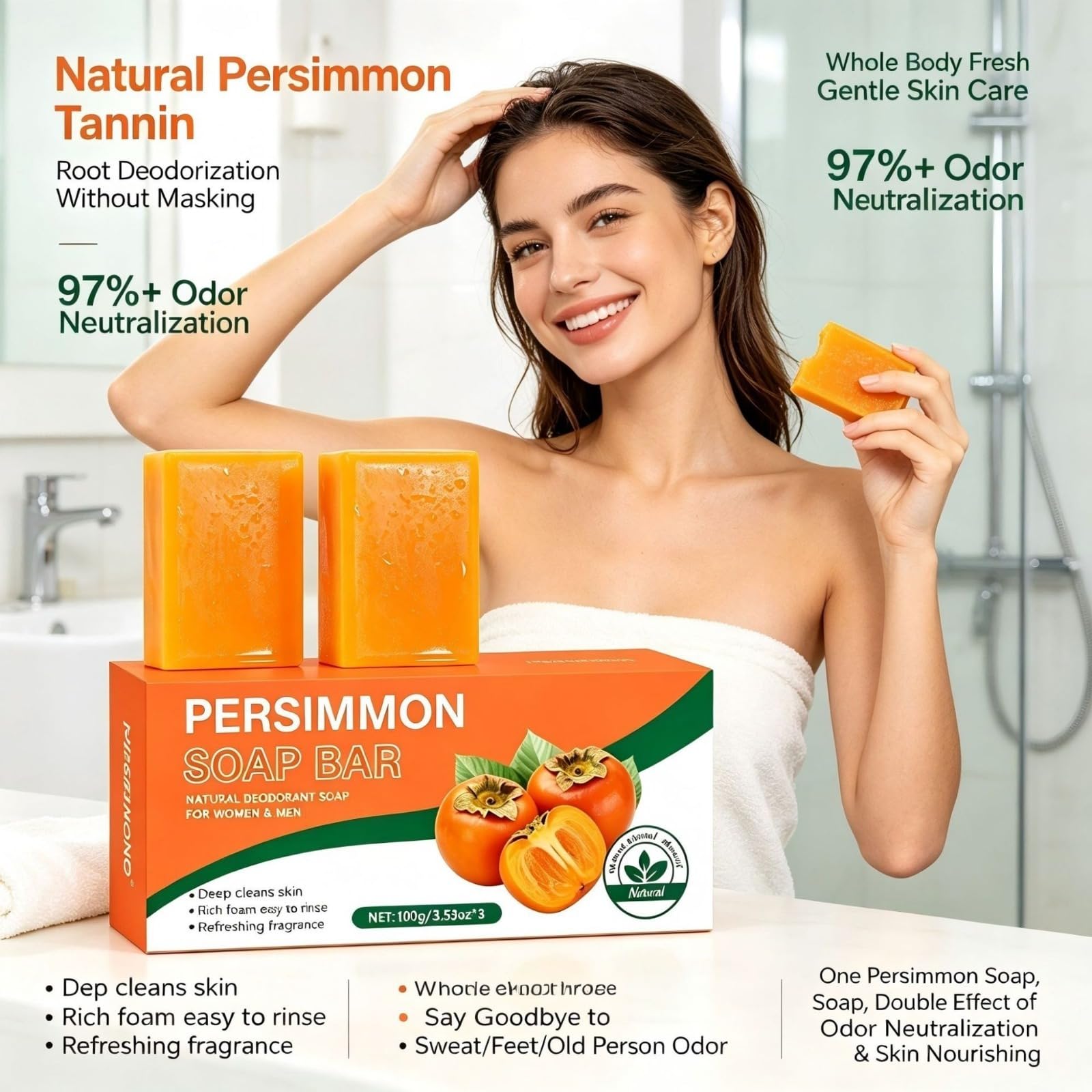 Persimmon Soap Bar, naturalny dezodorant do ciała mydło dla mężczyzn i kobiet, | naturalne mydło do delikatnego i intymnego oczyszczania całego ciała, złuszczająca kontrola zapachu ciała Deep Cleansing Ref