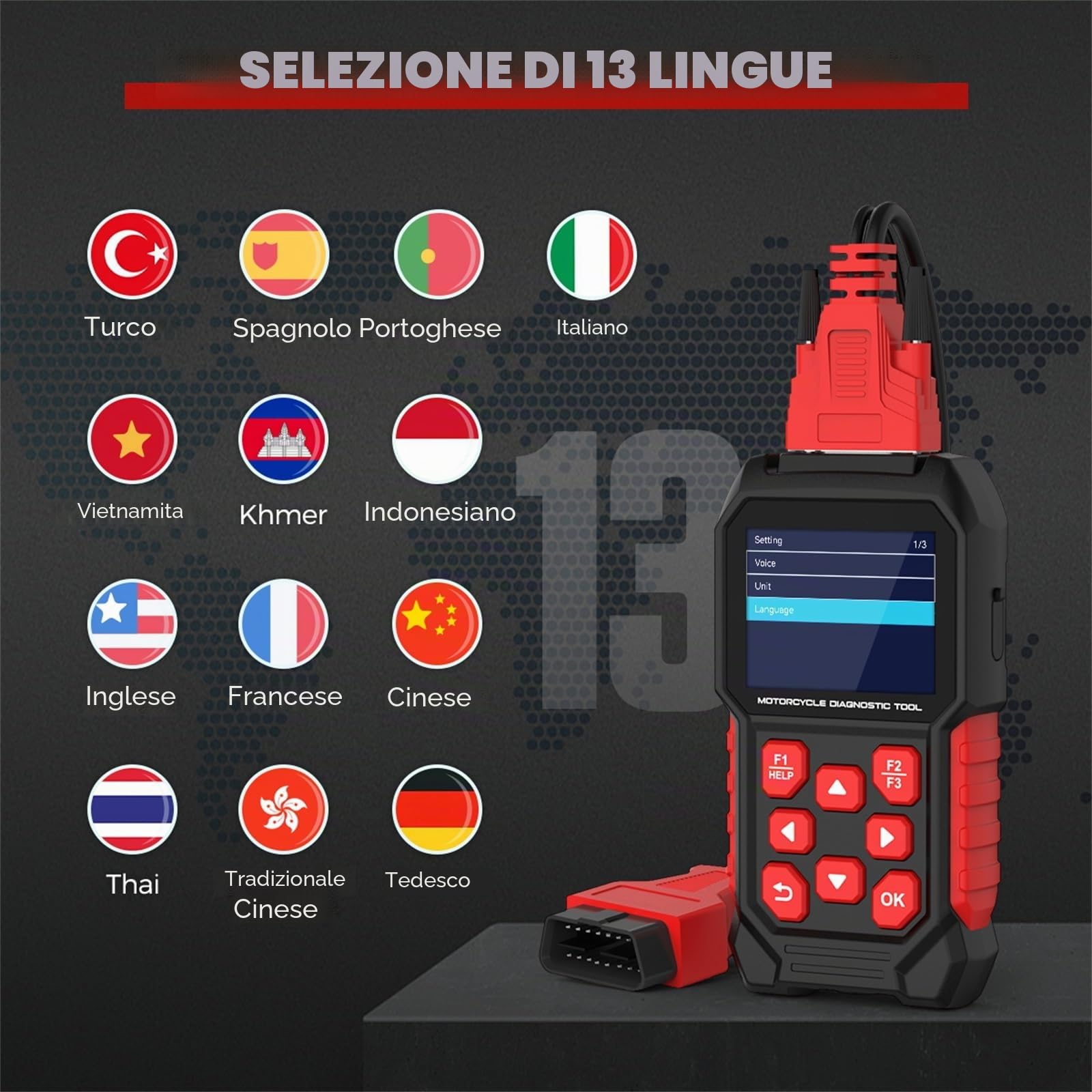 Lettore di codici M4 per moto, strumento diagnostico per Kawasaki 1-6P, Yamaha 3-4P, Honda 4P, Suzuki 4-6P, Vespa/KTM, codici di lettura/cancellazione, ripristino servizio, spurgo ABS, OBD2, 17