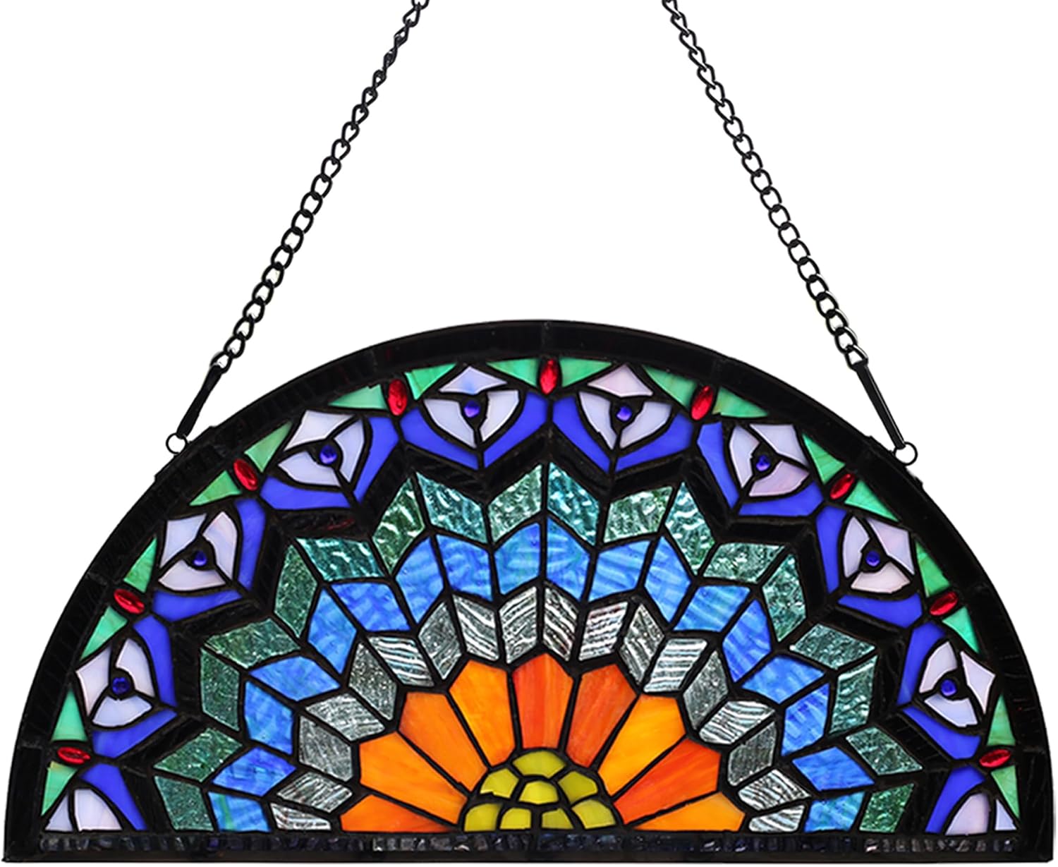 YOURANJU Half Moon Stained Glass Window Hanging Tiffany Style 16" x 8" Half-Round Window Panel Housewarming Gift Living Room Bedroom Kitchen Window Decorative Hangings with Chain (Peacock Tail)