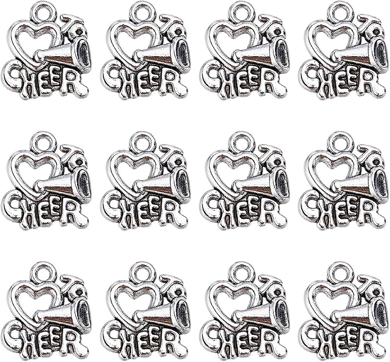 SUNNYCLUE 1 BOX 60PCS Silver Cheer Charms Cheer Megaphone Charm Cheerleader Heart Antique Alloy Love Loudspeaker Sport Charm Bulk for Jewelry Making Charms Diy Earrings Bracelet Necklace Craft