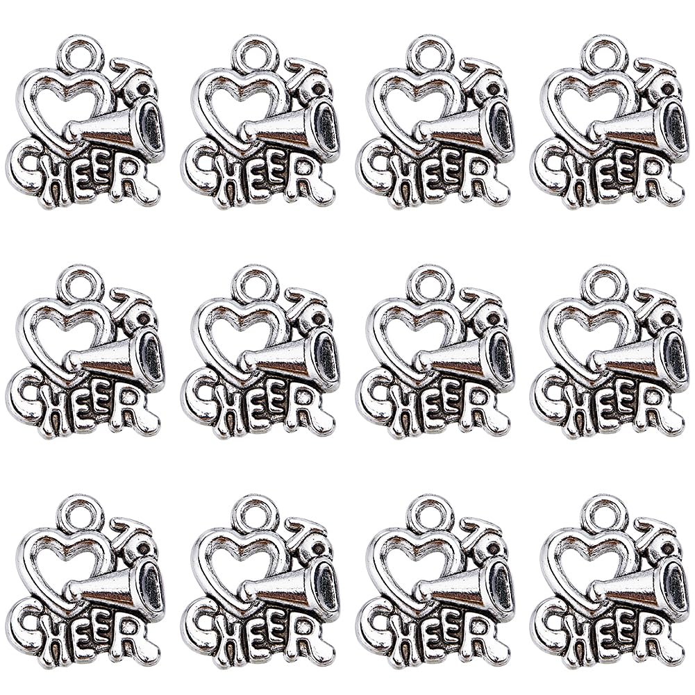 SUNNYCLUE 1 BOX 60PCS Silver Cheer Charms Cheer Megaphone Charm Cheerleader Heart Antique Alloy Love Loudspeaker Sport Charm Bulk for Jewelry Making