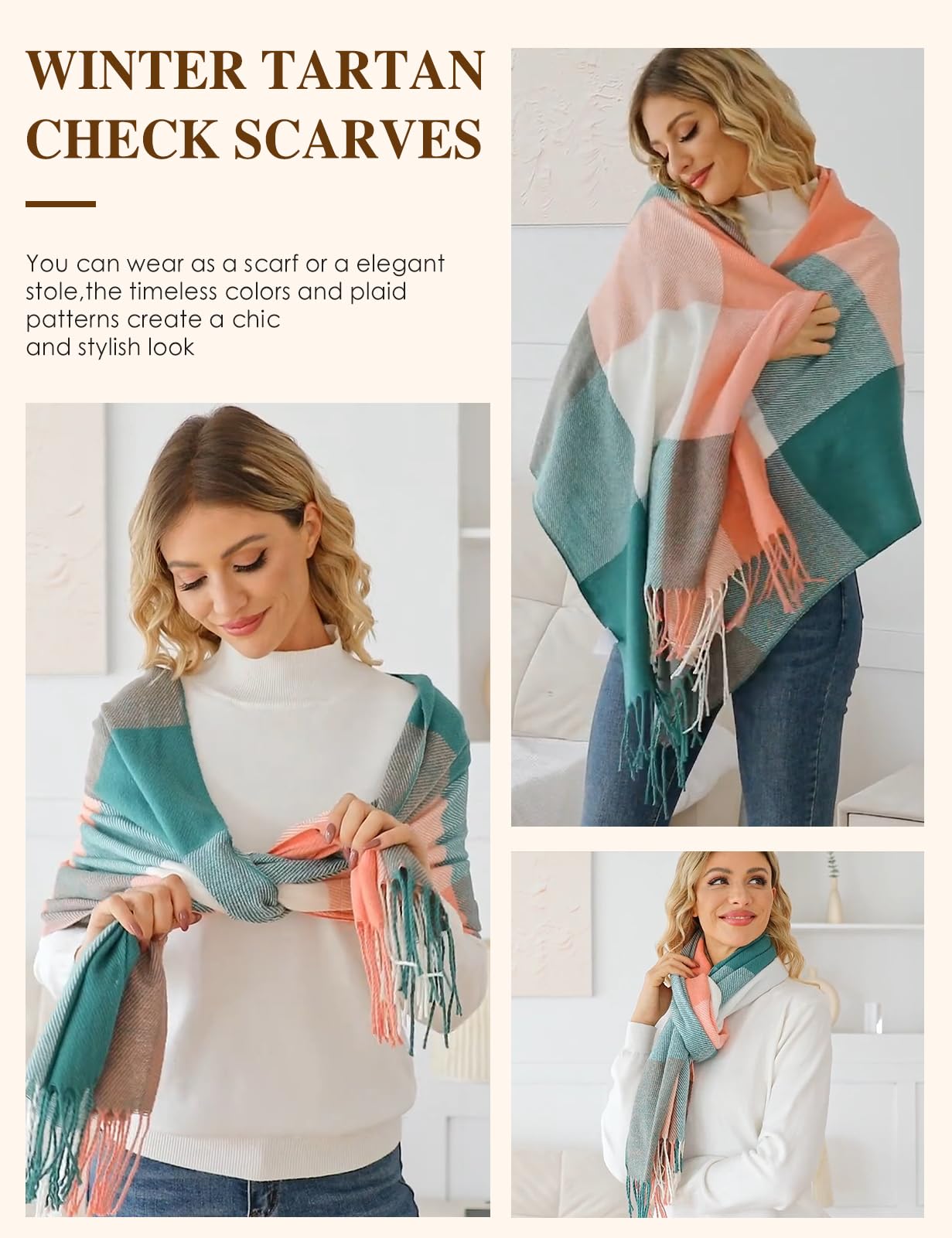 heekpek Sciarpa Donna Invernale Elegante Lunghe Sciarpa Tartan Calda Morbida Colorata Scialle Donna Invernale Cashmere con Frange