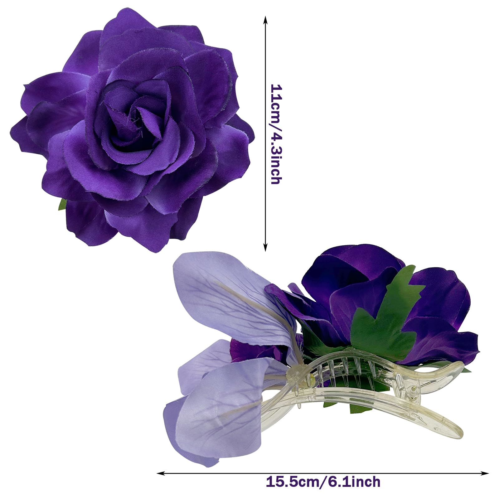 2PCS 3.94" Rose Hair Clips,Glamor Purple Flower Hair Clips,2 in 1 Bridal Flower Brooch,Weddings Weddings Large Rose Boho Hair Accessories for Women Girls - Image 2