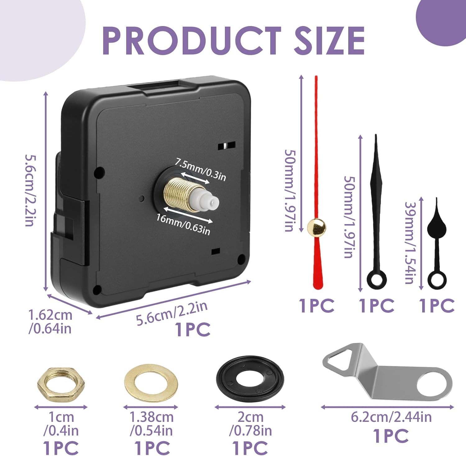Quartz Clock Movement Replacement Kit – Battery Operated Clock Mechanism with 16mm Short Shaft and 50mm Spade Hands for DIY Wall Clocks, Easy to Install Clock Parts