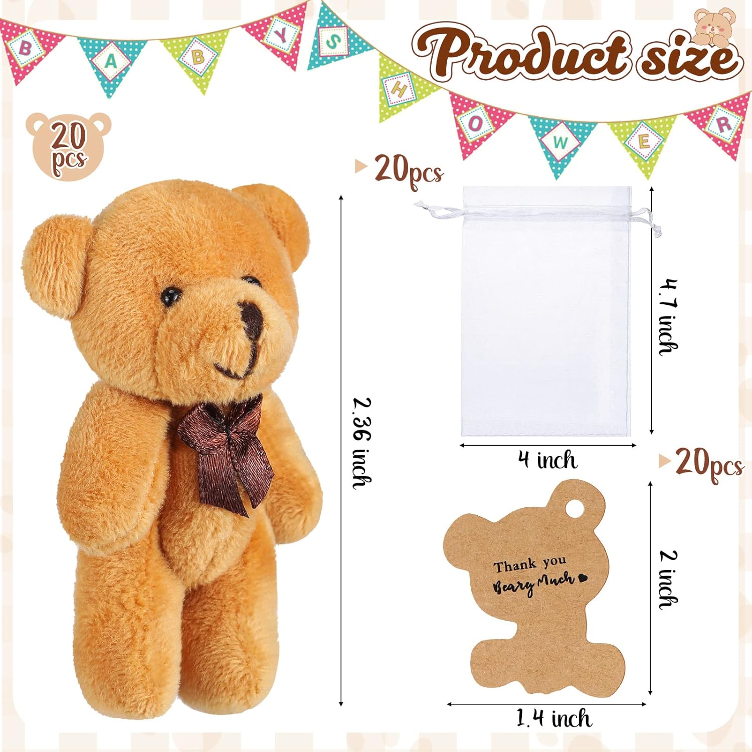 Sotiff 24 Sets Mini Bear 2.36 Inch Stuffed Pocket Bears Keychain with Thank You Tag and White Organza Bag for DIY Keychain Baby Shower Birthday Party (beige/apricot/brown, Bow Tie) - Image 2