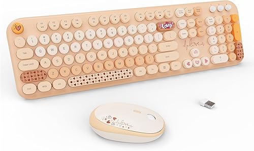 Miniatura 11 de FOPETT Combo de teclado y ratón inalámbricos - 2.4G de tamaño completo, lindo ratón y teclado coloridos con 104 teclas redondas, teclado retro V2020
