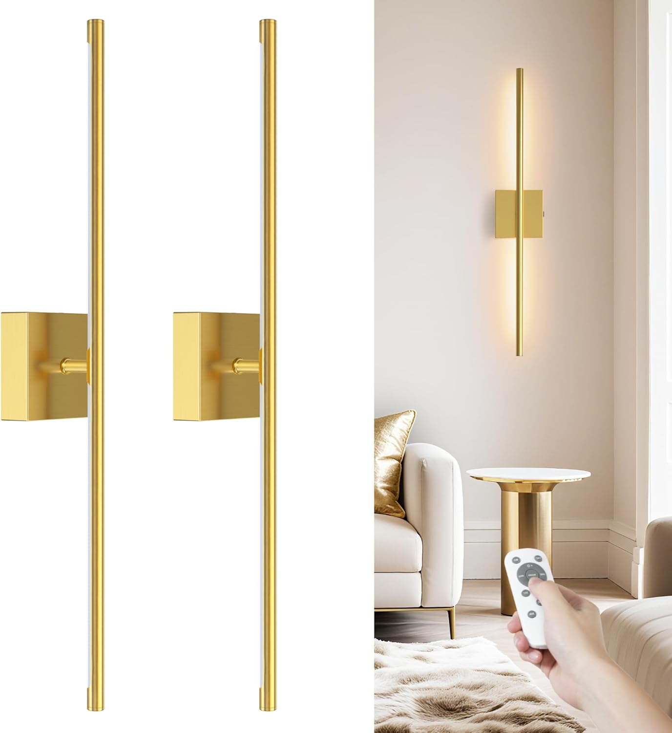 VOLISUN Battery Operated Wall Sconce Set of Two, Gold Rechargeable Wall Lights with Remote Control, 3000K-6500K Dimmable Wall Lamp, 27.6 Inch LED Wireless Wall Lights for Bedroom, Living Room,Hallway