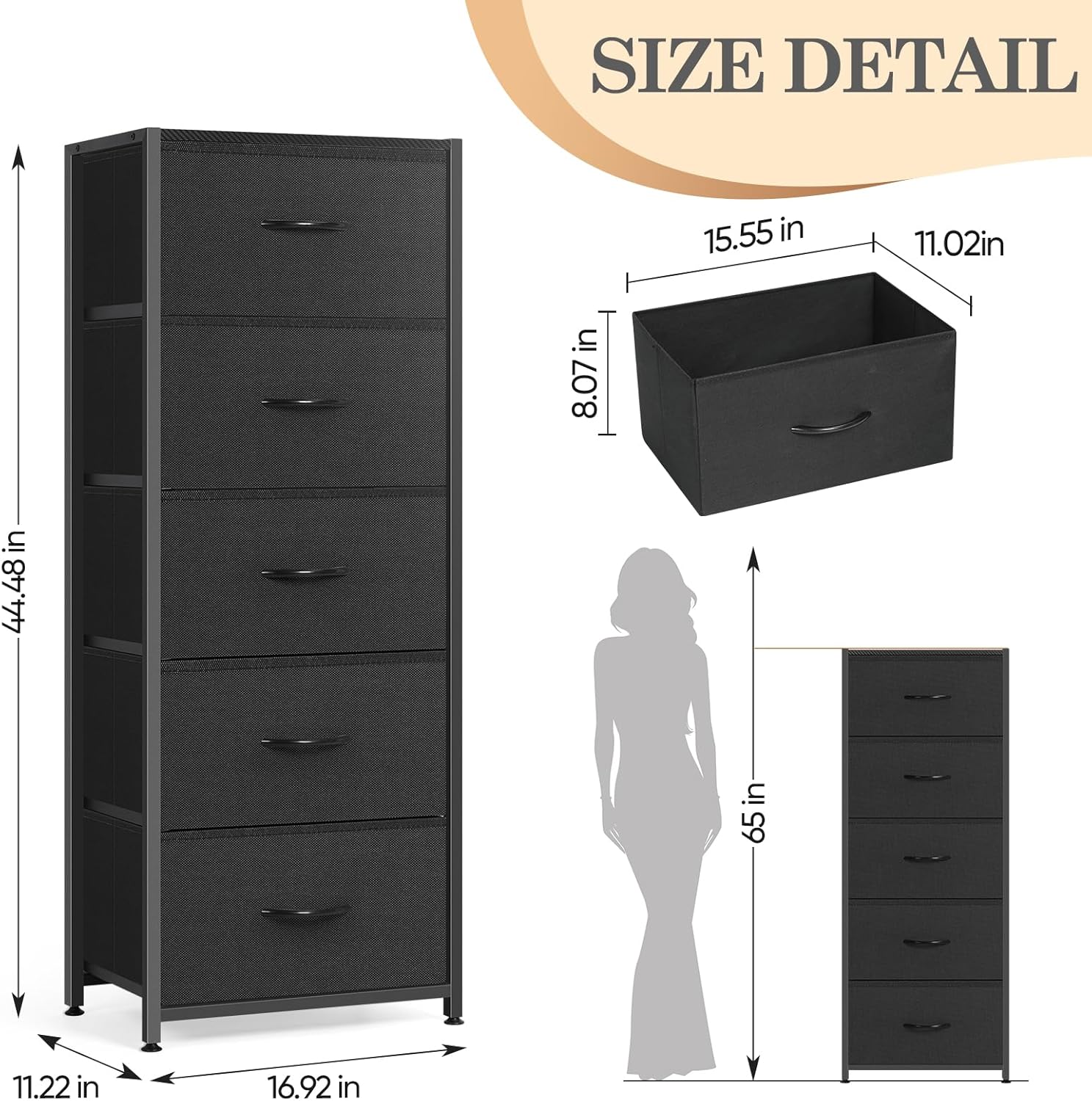 MOOACE 5 Drawer Dresser for Bedroom, Tall Fabric Storage Drawers, Tower Organizer Unit Chest of Drawers with Wooden Top for Closets Living Room Hallway Entryway, Metal Frame, Black