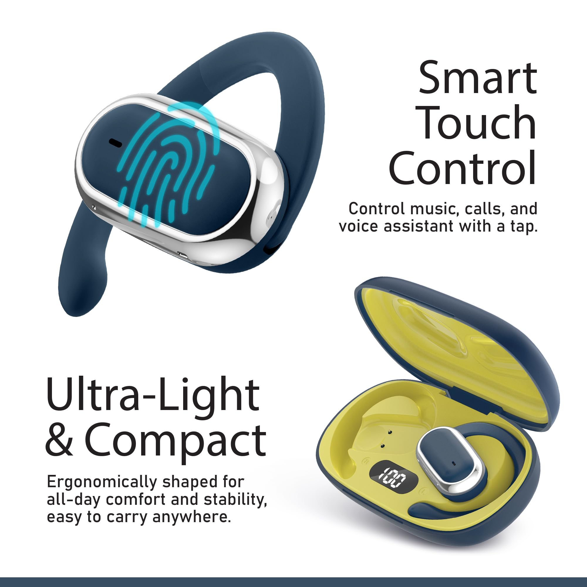 Quiksilver Auricolari senza fili, Bluetooth 5.4, con display digitale intelligente e gancio ergonomico per l'orecchio, comandi touch, resistenti al sudore, per sport, fitness, viaggi, allenamento