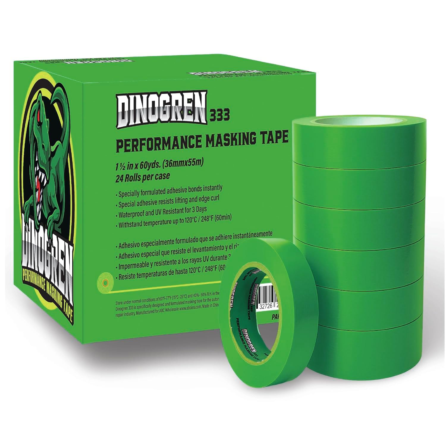 LAUCO DINOGREN High Performance Masking Tape for Car Paint, Heat & Water Resistant, Multi-Purpose Green (1.5 in (24 Rolls))